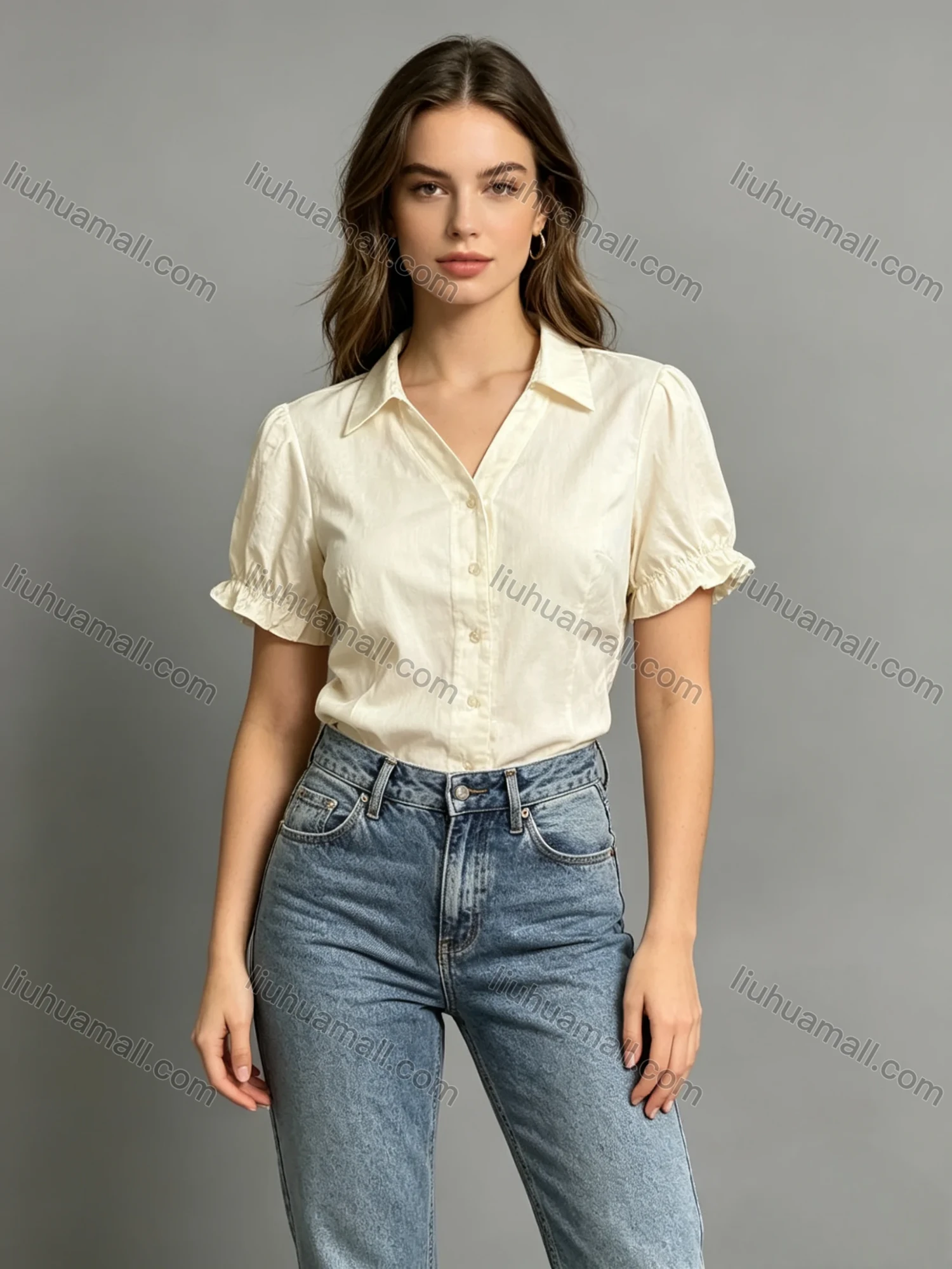 Wholesale Short shirt with short sleeves, featuring a lace hollow-out design at the back, casual, versatile, and fashionable - Liuhuamall