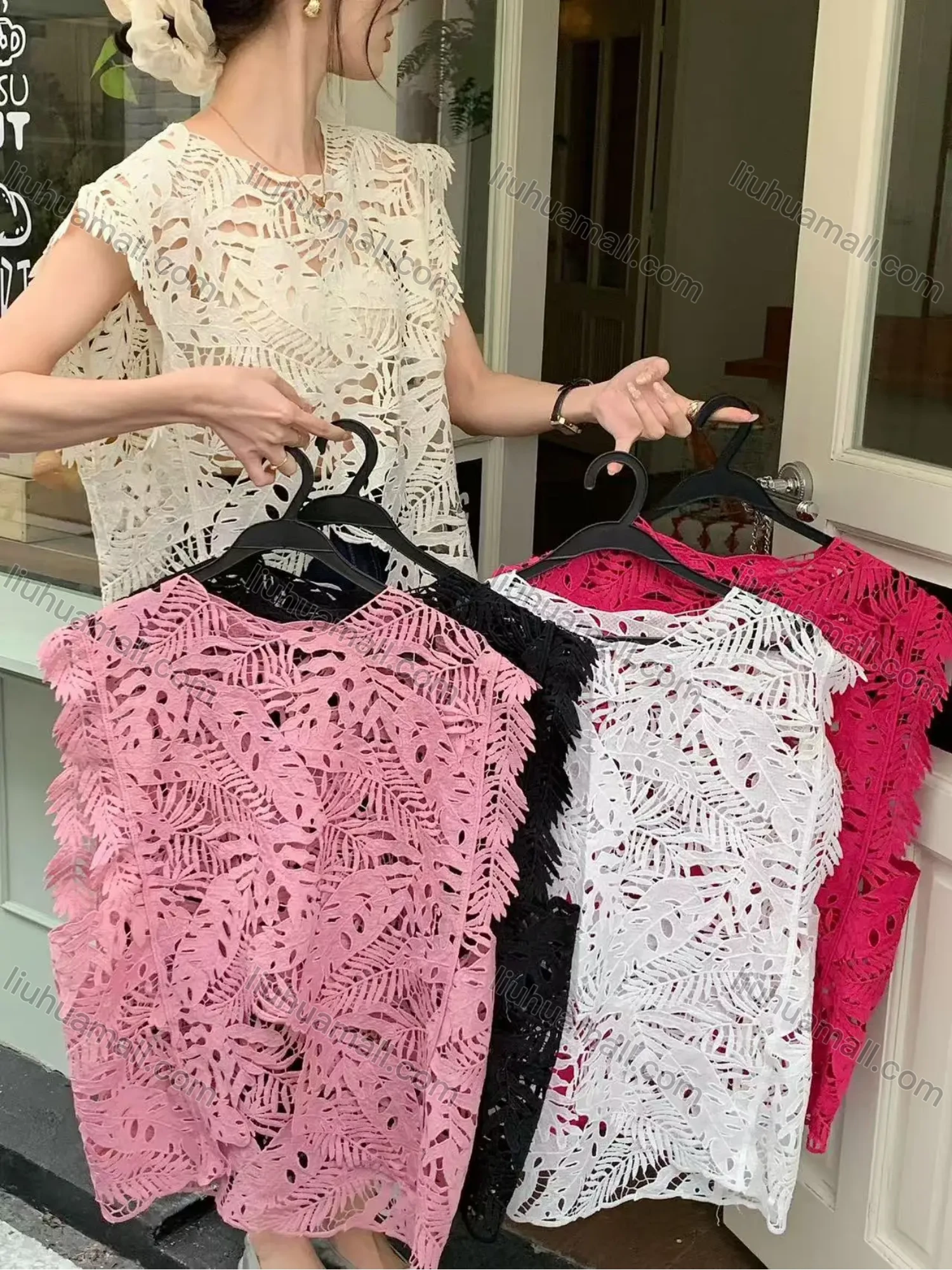 Wholesale Summer new loose blouse vest fashion jacket split horse sandwich water-soluble lace shirt hollow French vest - Liuhuamall