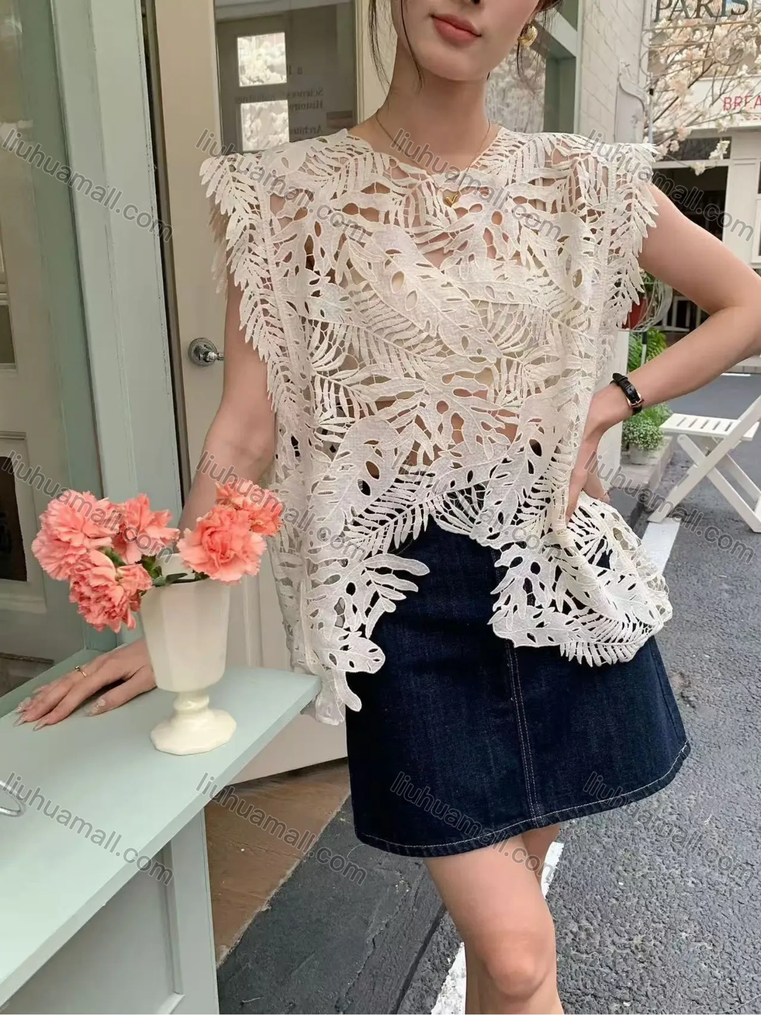 Wholesale Summer new loose blouse vest fashion jacket split horse sandwich water-soluble lace shirt hollow French vest - Liuhuamall