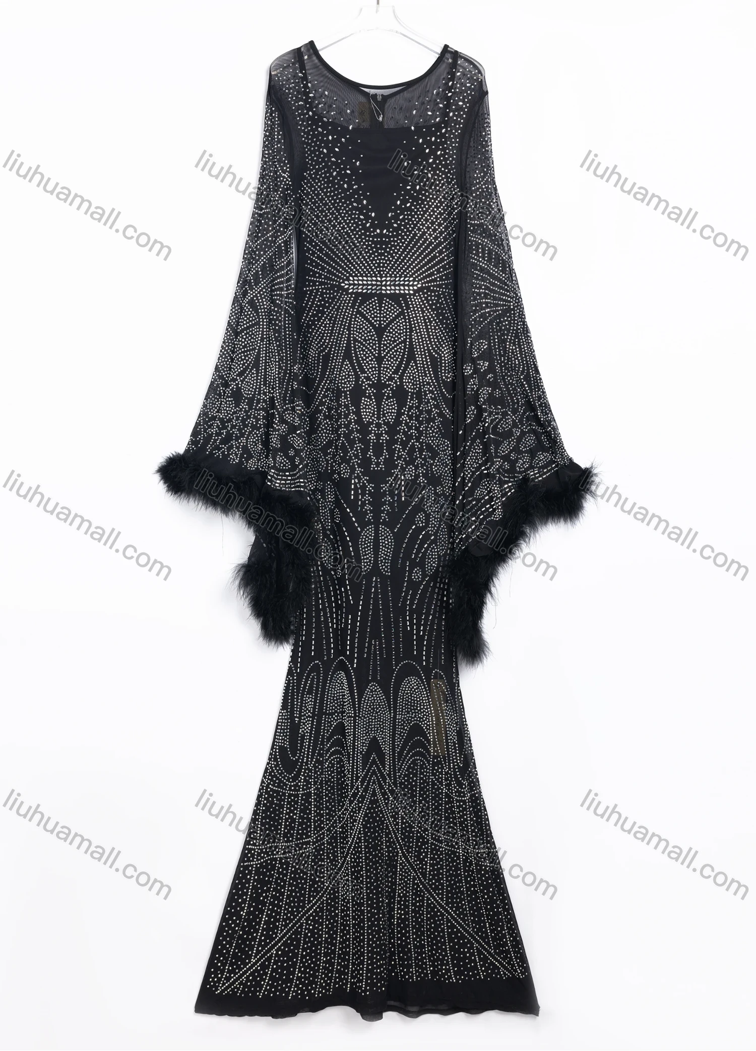 Wholesale Women's Evening Glamorous Rhinestone Feather Trim Bell Sleeve Maxi Dress #240910 - Liuhuamall