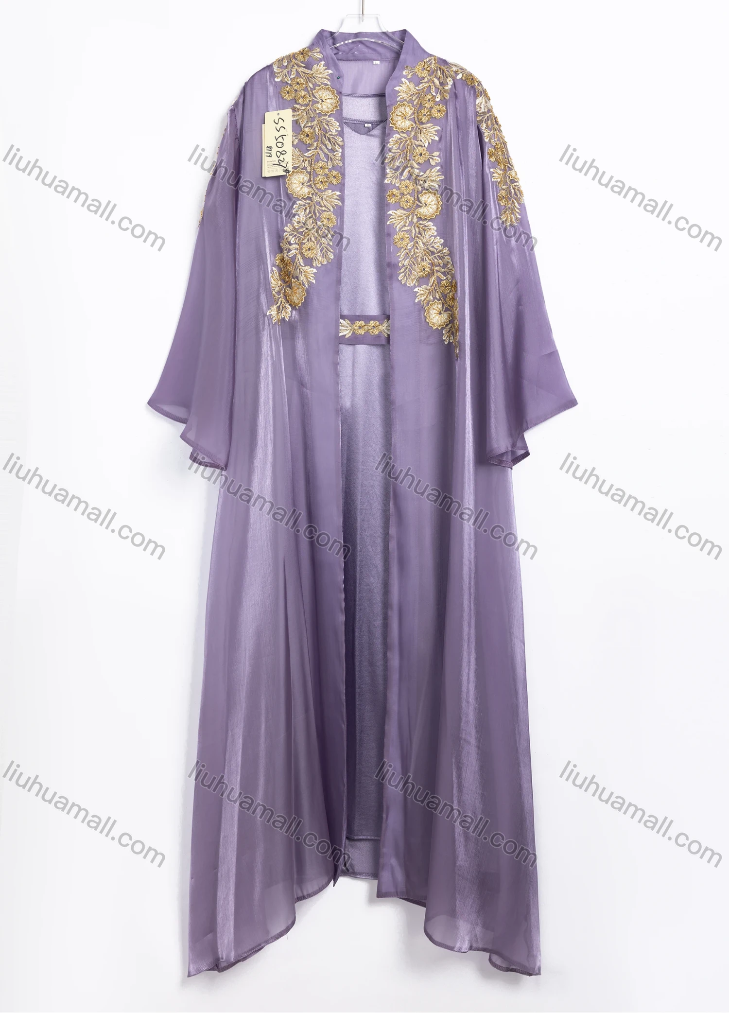 Wholesale Women's Elegant Floral Embroidered Tie Neck Sheer Overlay Maxi Dress 2 Piece Set #SS50827 - Liuhuamall
