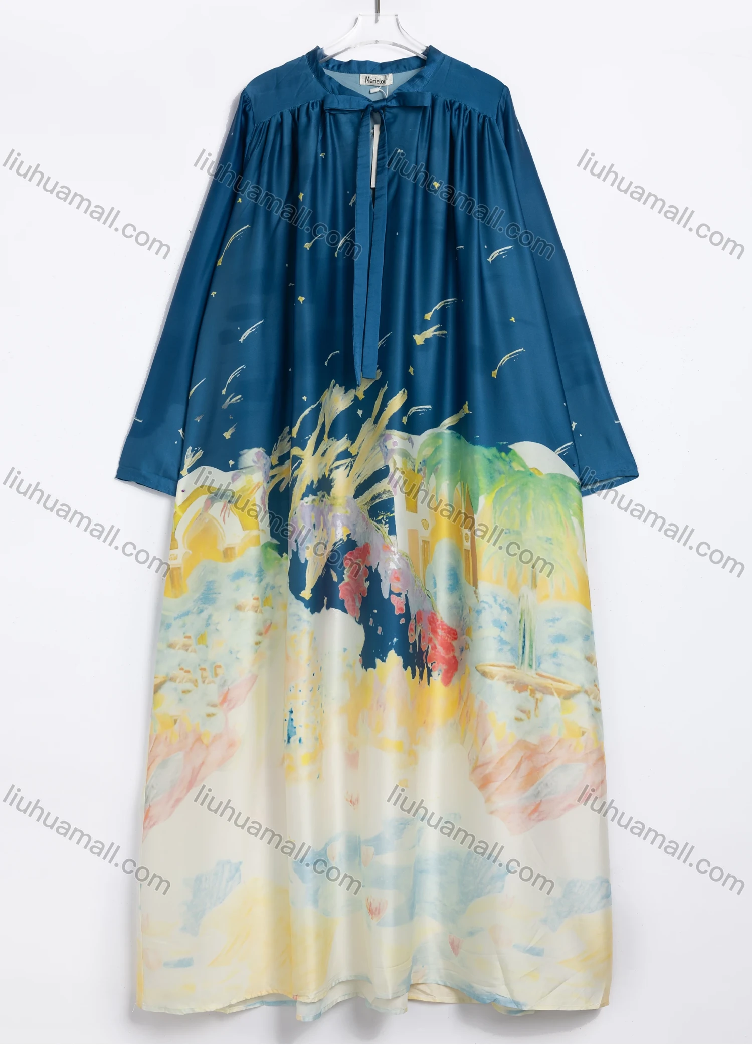 Wholesale Women's Vacation Abstract Print Tie Neck Long Sleeve Maxi Dress #521001 - Liuhuamall