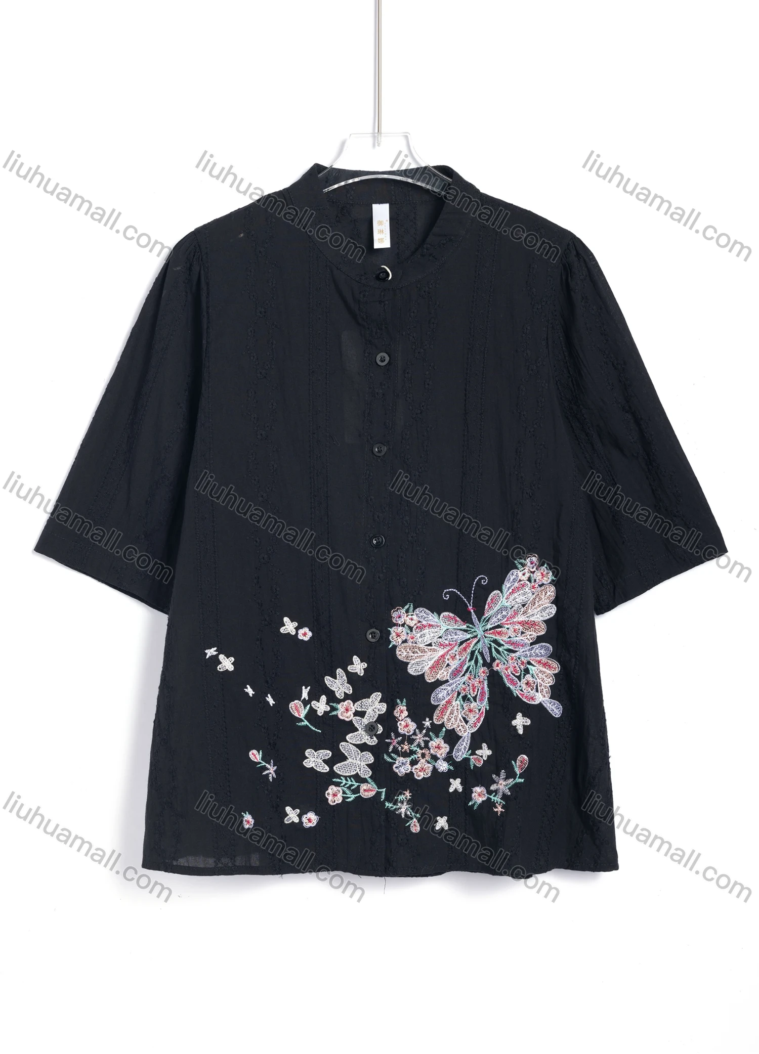 Wholesale Women's Casual Floral Butterfly Embroidered Jacquard Short Sleeve Button-Up Blouse - Liuhuamall