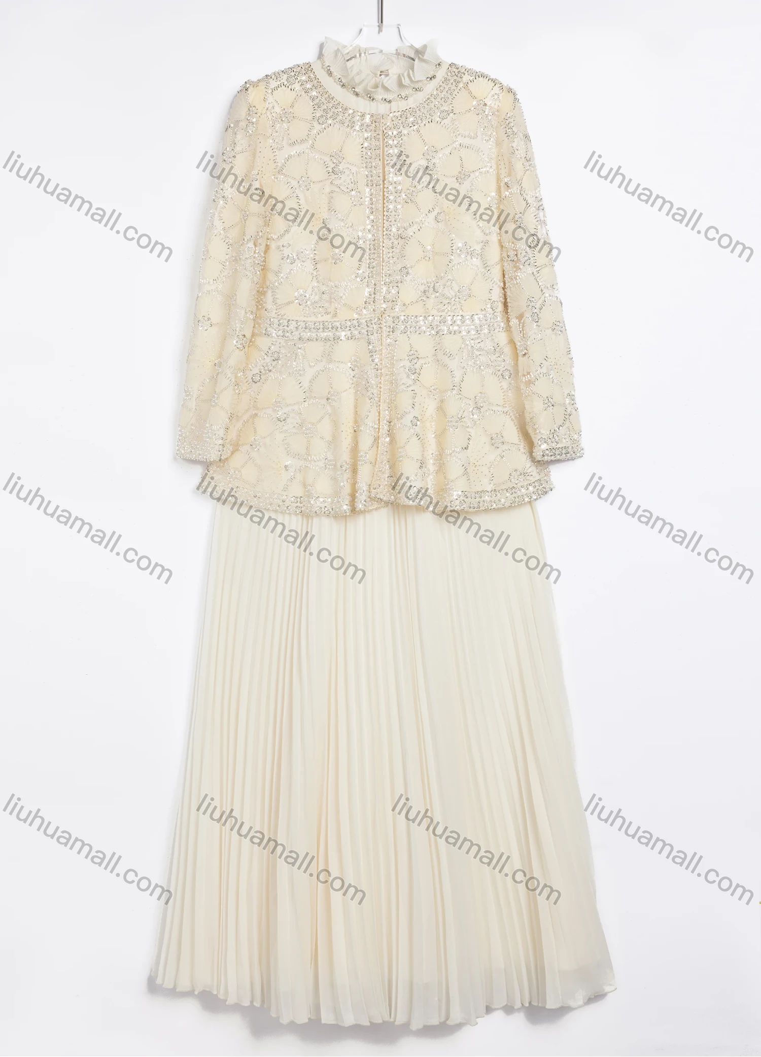 Wholesale Women's Elegant Sequined Tweed Jacket and Pleated Skirt Two-Piece Set #2527-2 - Liuhuamall