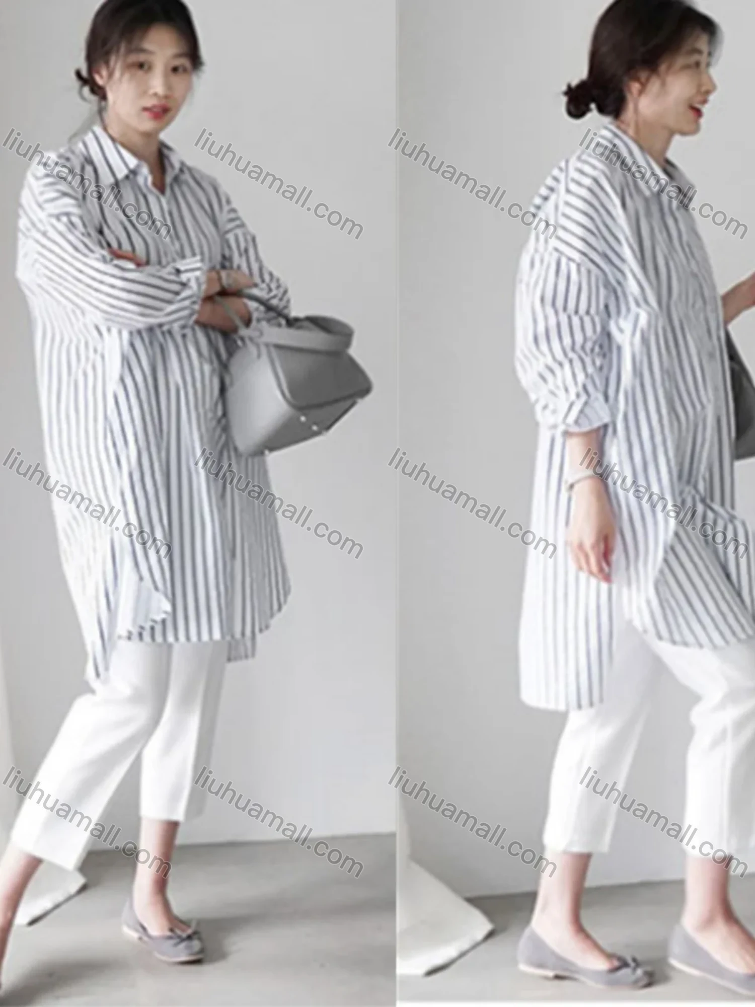 Wholesale 2026 New Striped White Blouse, Women Long Sleeve Mid-length Shirt, European American Style Loose Lazy Design Top - Liuhuamall