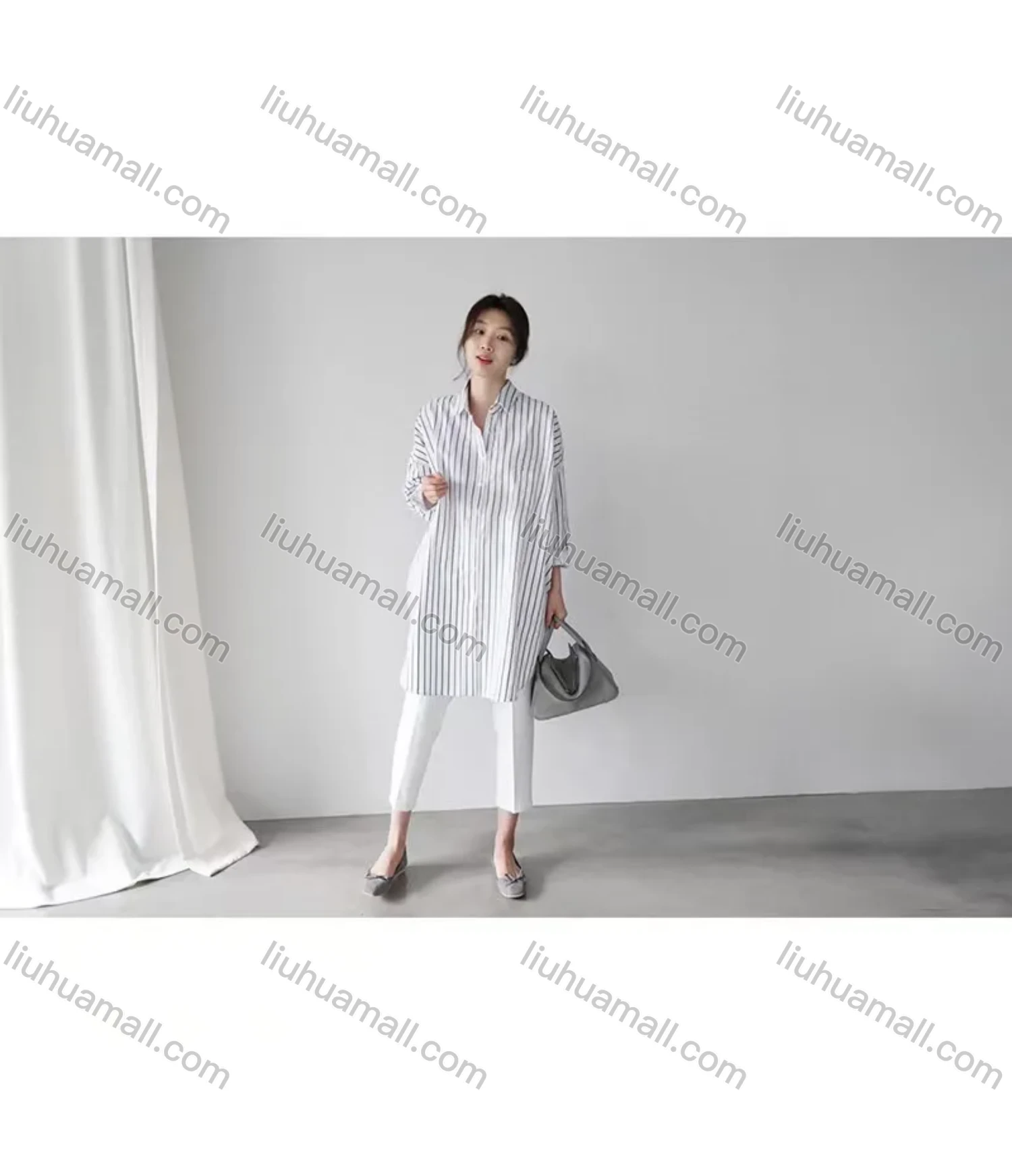 Wholesale 2026 New Striped White Blouse, Women Long Sleeve Mid-length Shirt, European American Style Loose Lazy Design Top - Liuhuamall