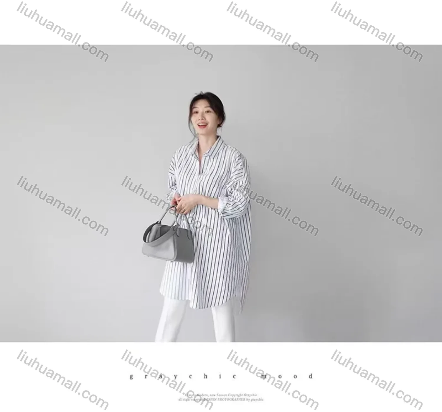 Wholesale 2026 New Striped White Blouse, Women Long Sleeve Mid-length Shirt, European American Style Loose Lazy Design Top - Liuhuamall