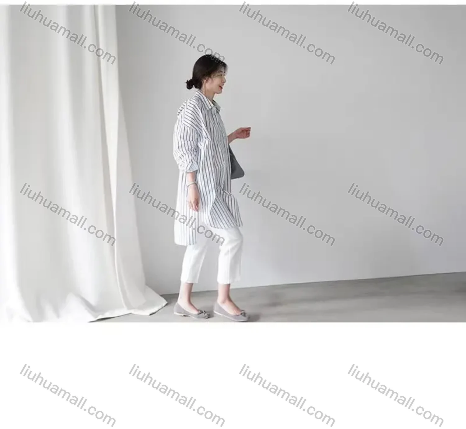 Wholesale 2026 New Striped White Blouse, Women Long Sleeve Mid-length Shirt, European American Style Loose Lazy Design Top - Liuhuamall