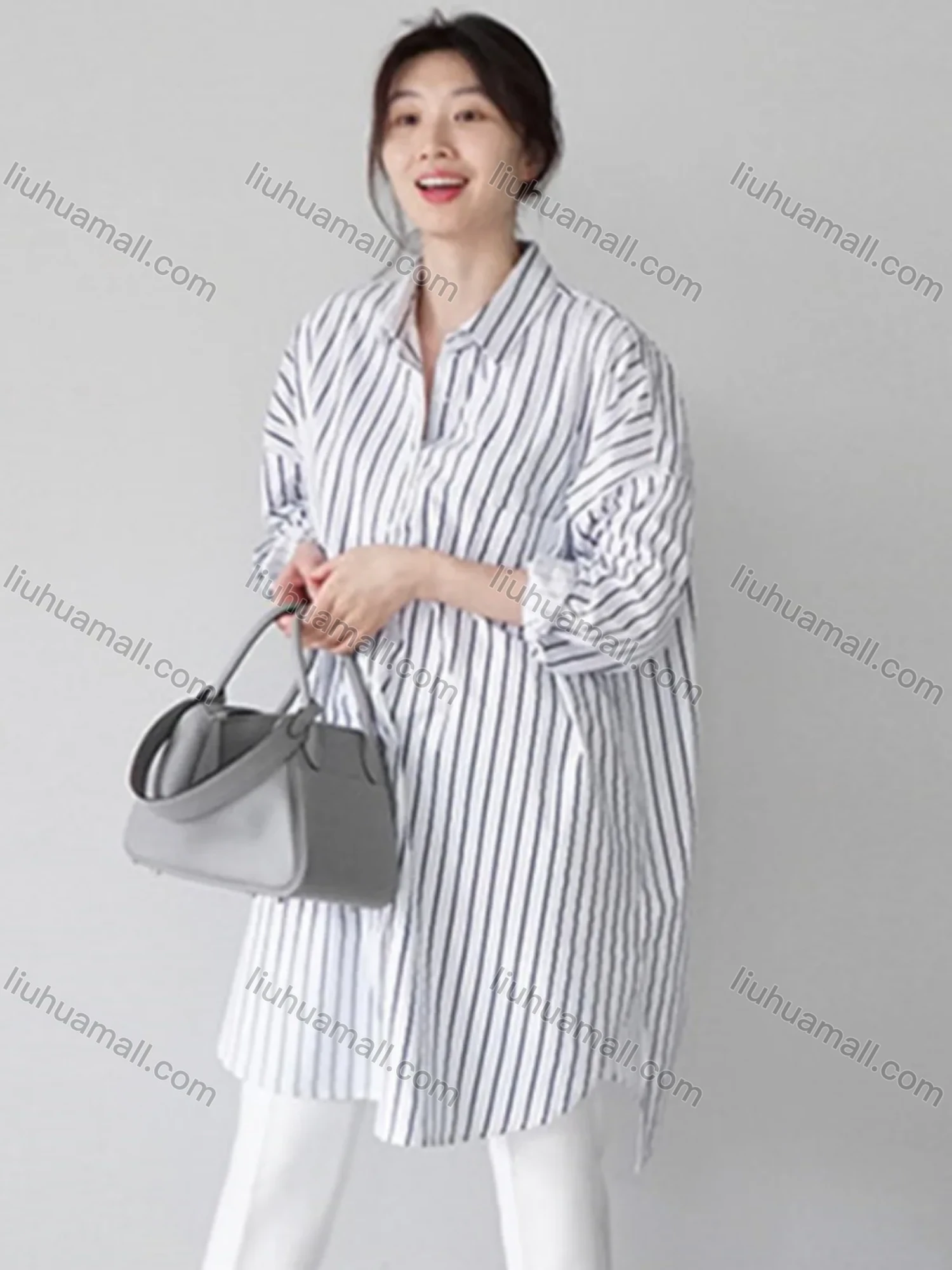Wholesale 2026 New Striped White Blouse, Women Long Sleeve Mid-length Shirt, European American Style Loose Lazy Design Top - Liuhuamall