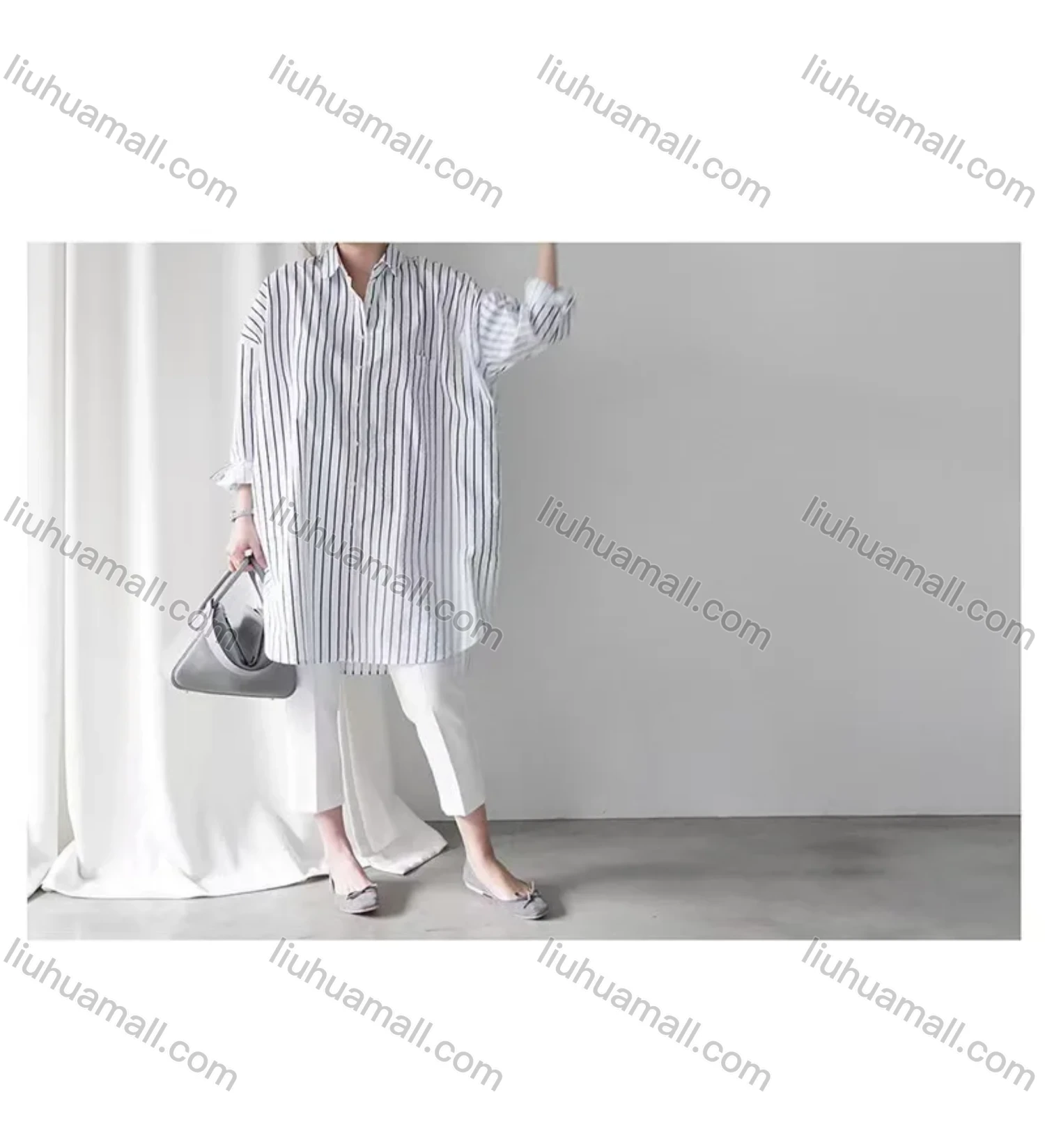 Wholesale 2026 New Striped White Blouse, Women Long Sleeve Mid-length Shirt, European American Style Loose Lazy Design Top - Liuhuamall