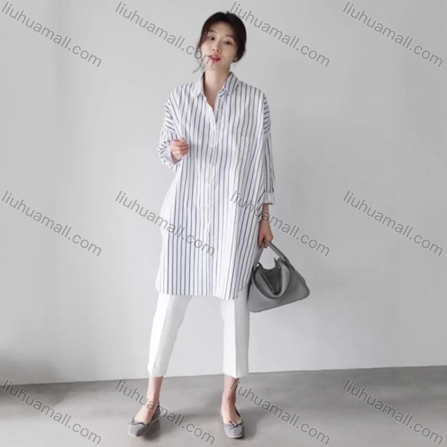 Wholesale 2026 New Striped White Blouse, Women Long Sleeve Mid-length Shirt, European American Style Loose Lazy Design Top - Liuhuamall