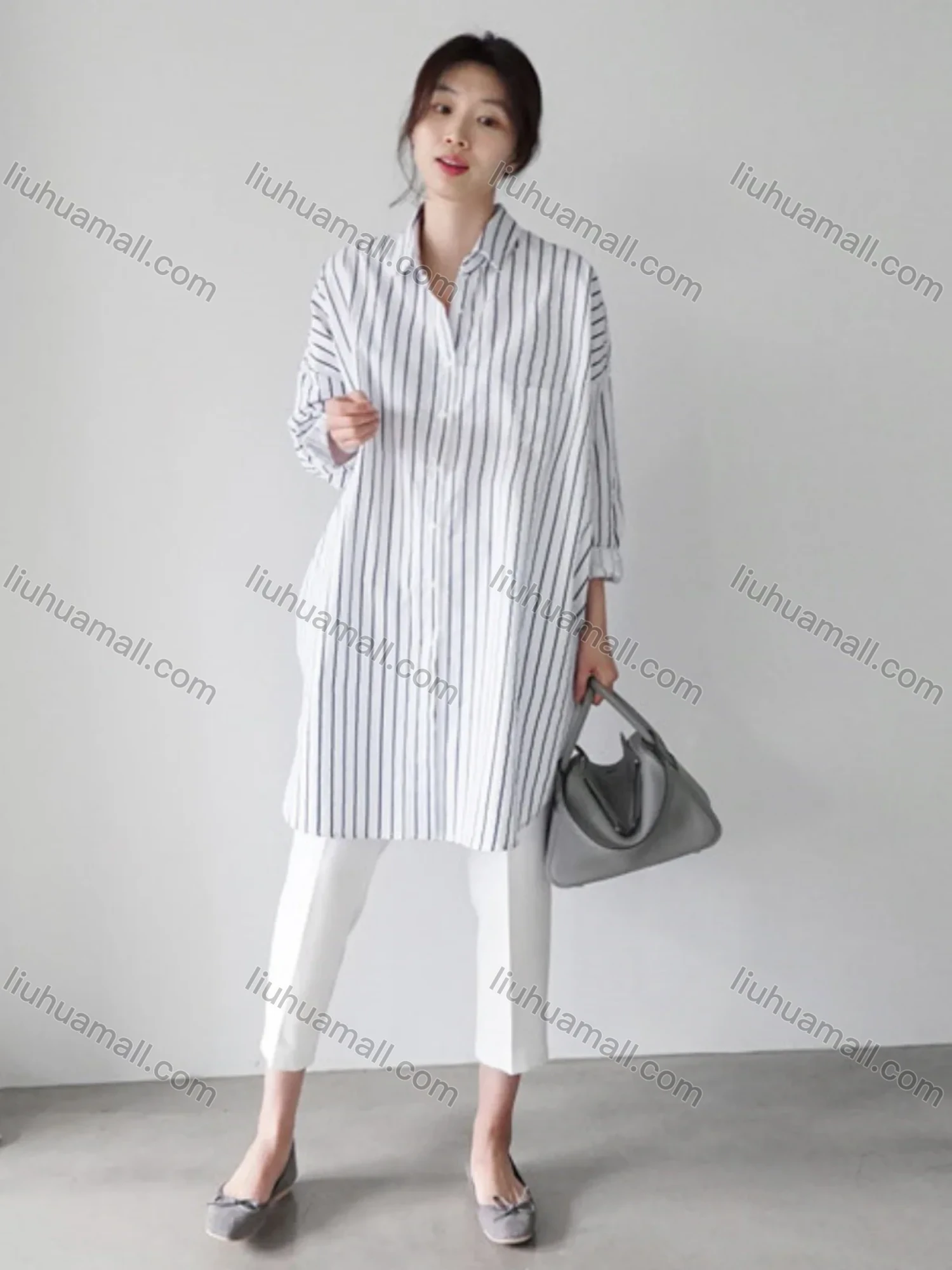 Wholesale 2026 New Striped White Blouse, Women Long Sleeve Mid-length Shirt, European American Style Loose Lazy Design Top - Liuhuamall