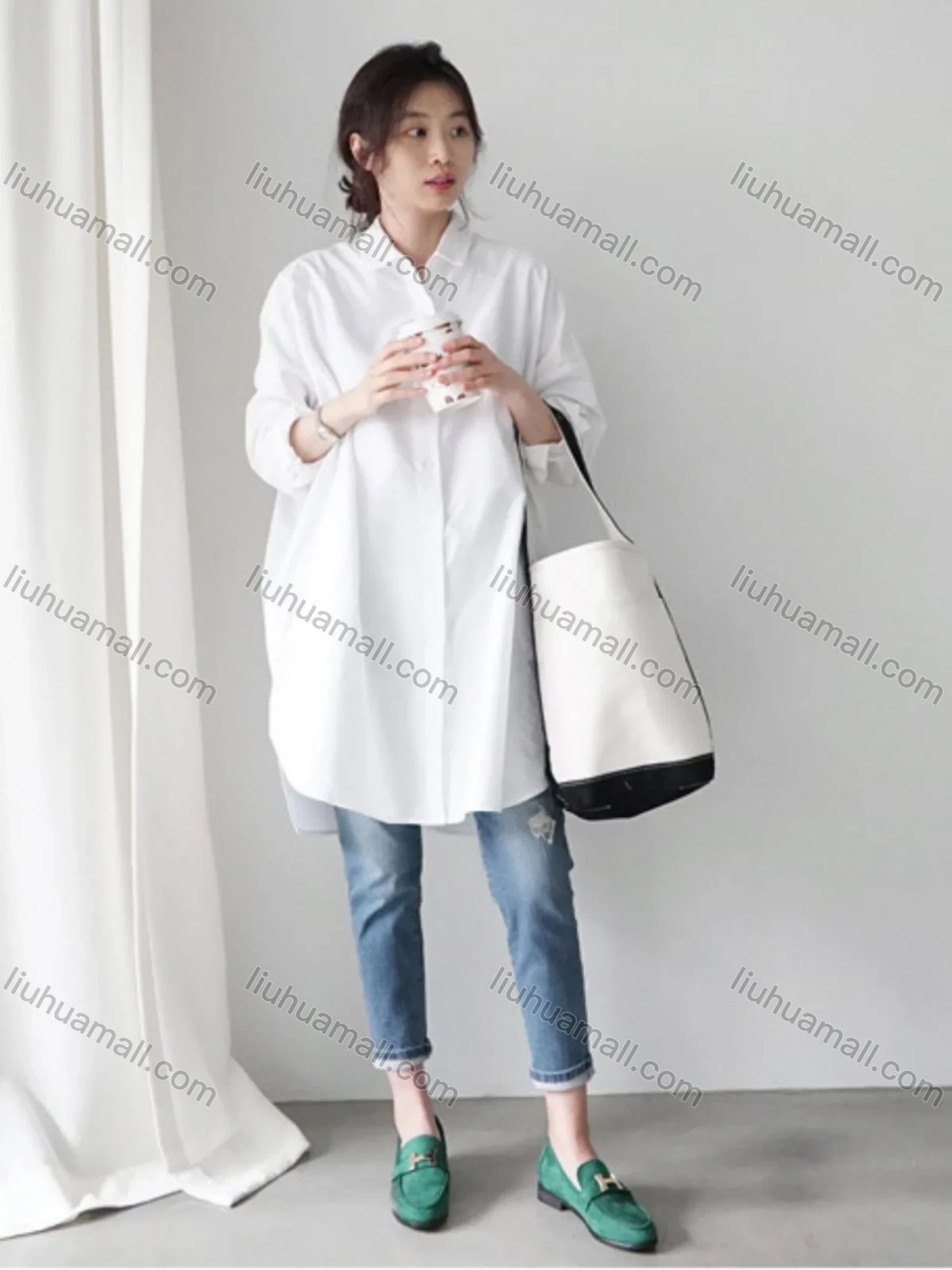 Wholesale 2026 New Striped White Blouse, Women Long Sleeve Mid-length Shirt, European American Style Loose Lazy Design Top - Liuhuamall