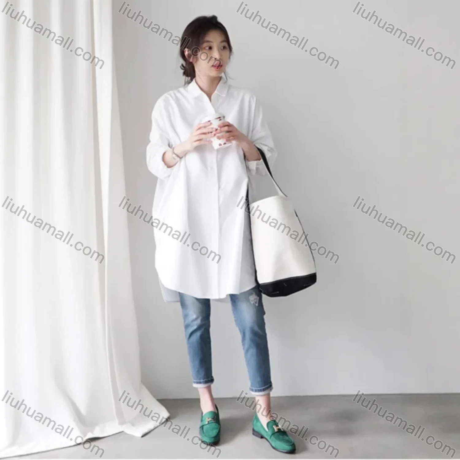 Wholesale 2026 New Striped White Blouse, Women Long Sleeve Mid-length Shirt, European American Style Loose Lazy Design Top - Liuhuamall
