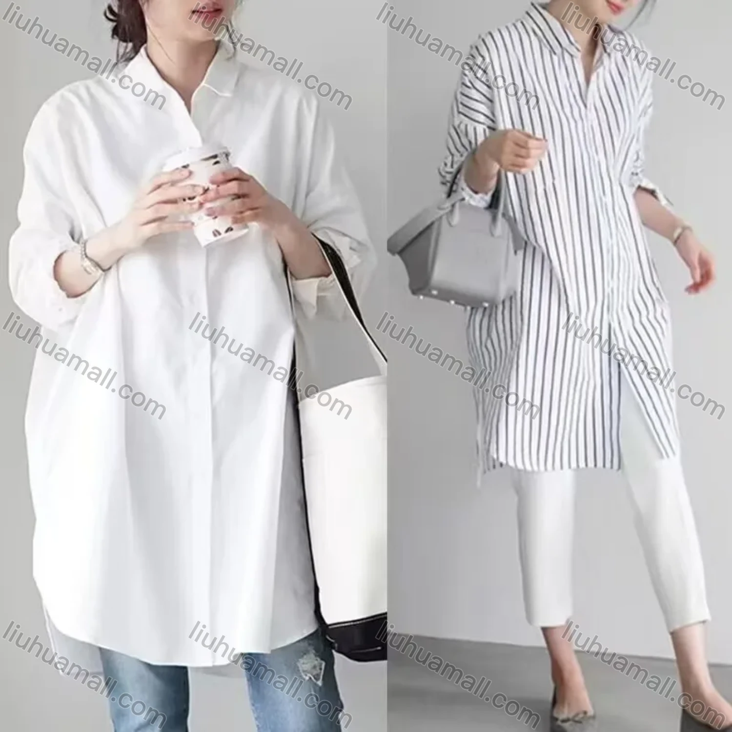 Wholesale 2026 New Striped White Blouse, Women Long Sleeve Mid-length Shirt, European American Style Loose Lazy Design Top - Liuhuamall