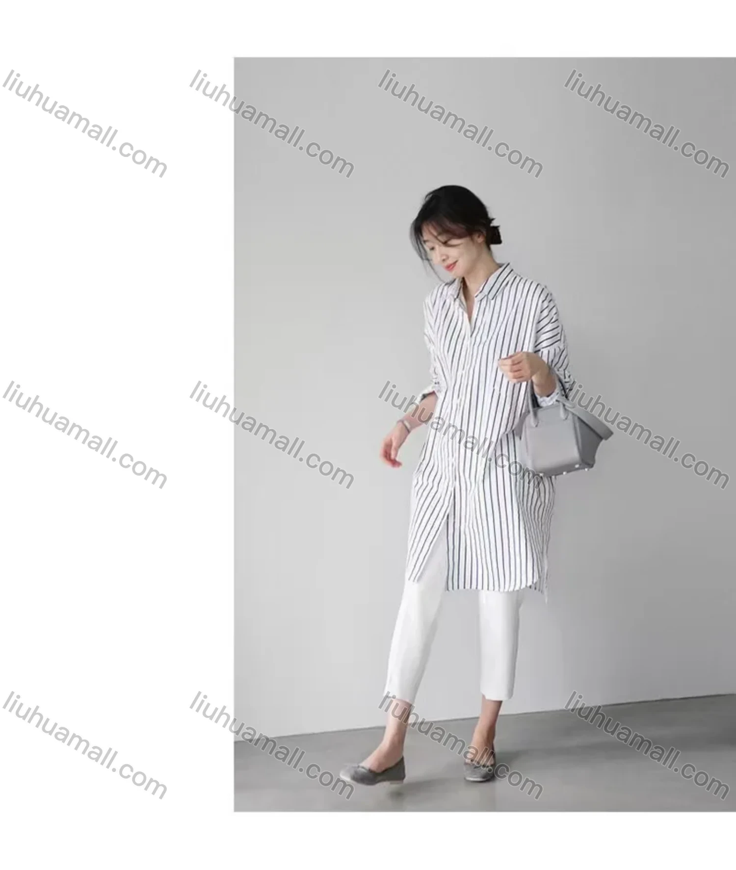 Wholesale 2026 New Striped White Blouse, Women Long Sleeve Mid-length Shirt, European American Style Loose Lazy Design Top - Liuhuamall