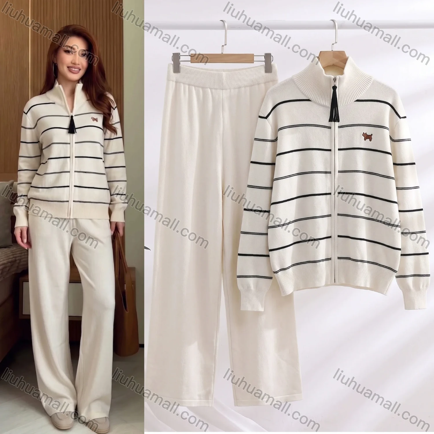 Wholesale Women's Casual Striped Zip-Up Knit Two-Piece Set #SE2615 - Liuhuamall