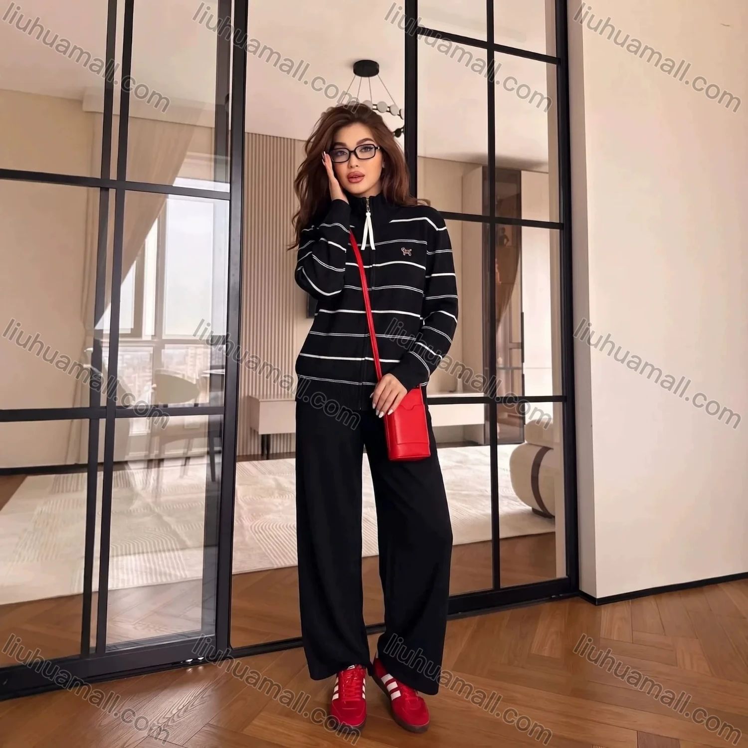 Wholesale Women's Casual Striped Zip-Up Knit Two-Piece Set #SE2615 - Liuhuamall