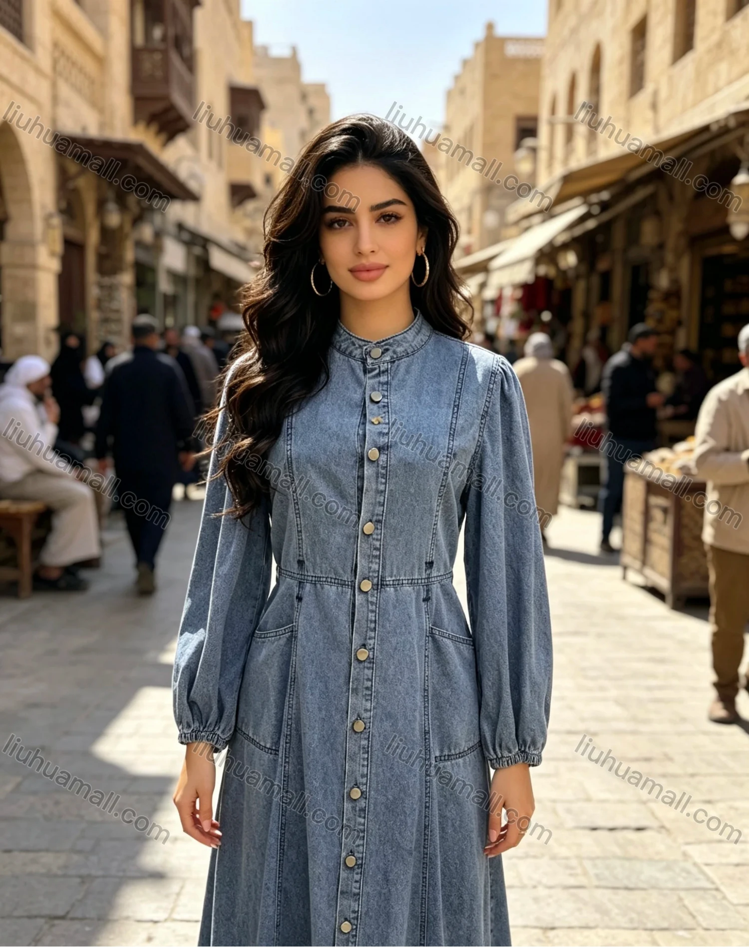 Wholesale Women's Casual Stand Collar Button Front Long Sleeve Denim Maxi Dress #MC-08 - Liuhuamall