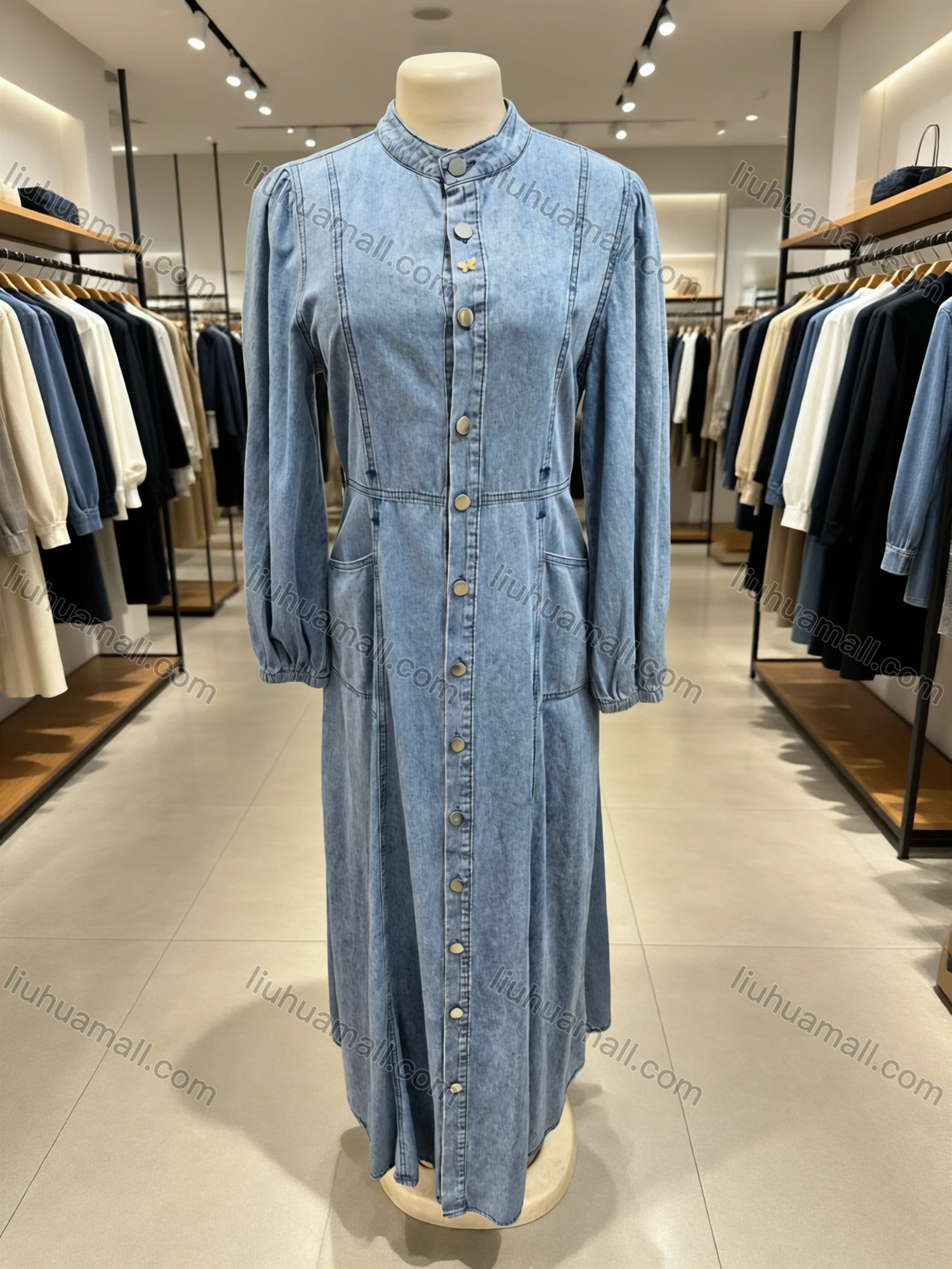Wholesale Women's Casual Stand Collar Button Front Long Sleeve Denim Maxi Dress #MC-08 - Liuhuamall