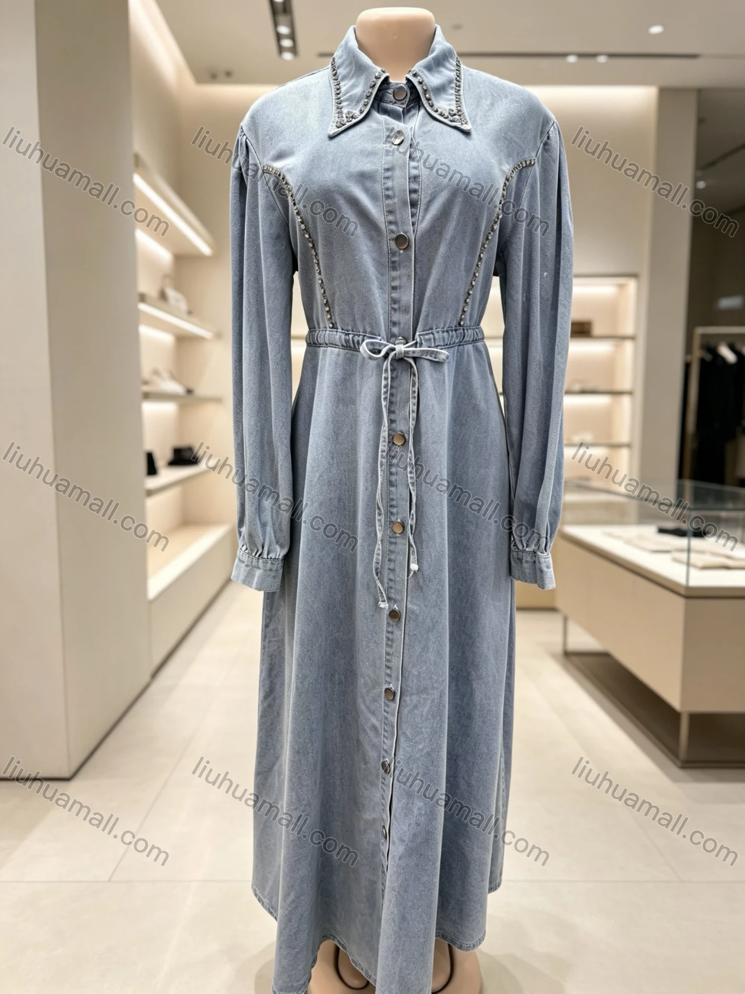 Wholesale Women's Streetwear Rhinestone Trim Drawstring Waist Puff Sleeve Denim Maxi Dress #MC-13 - Liuhuamall