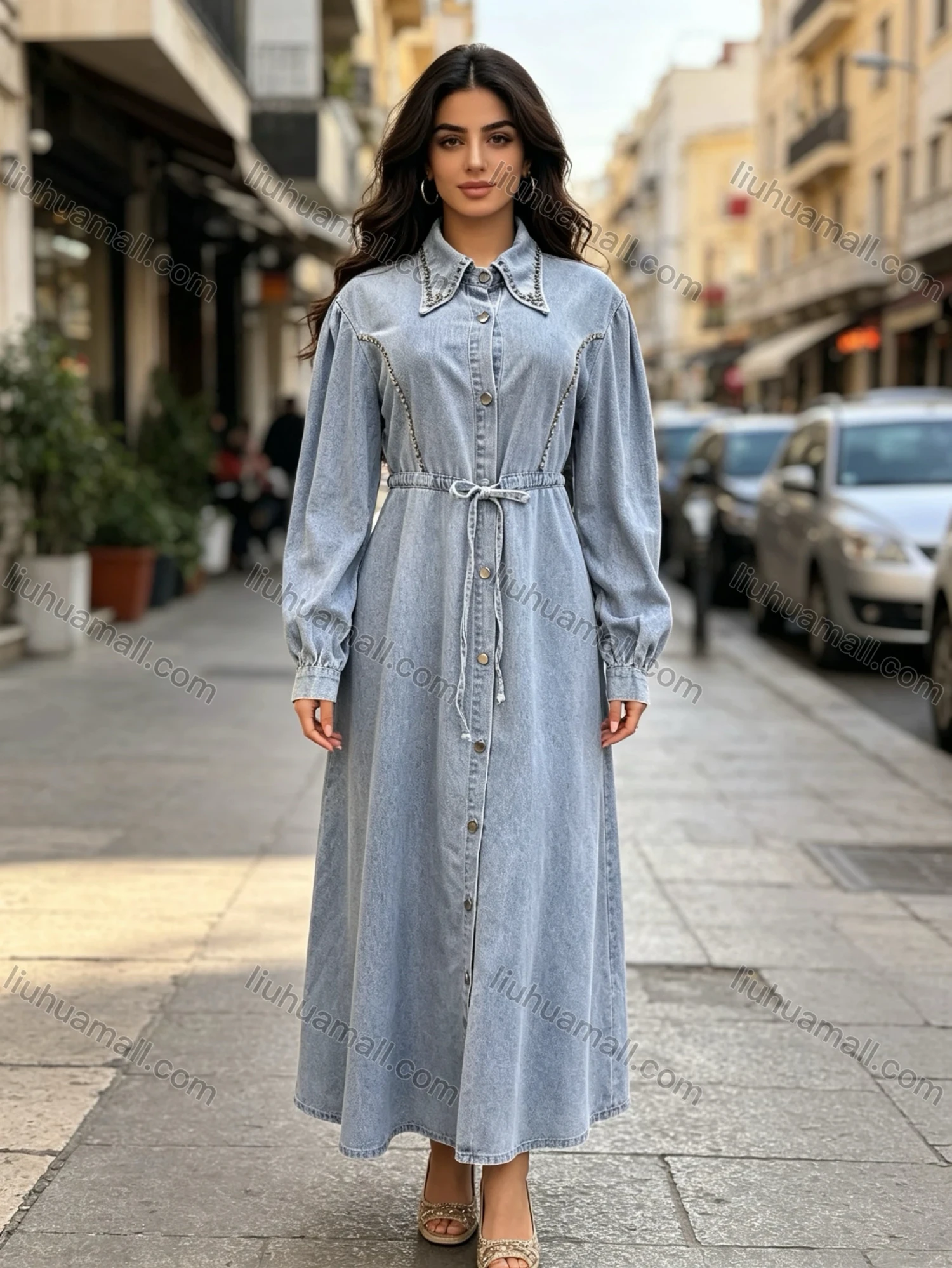 Wholesale Women's Streetwear Rhinestone Trim Drawstring Waist Puff Sleeve Denim Maxi Dress #MC-13 - Liuhuamall