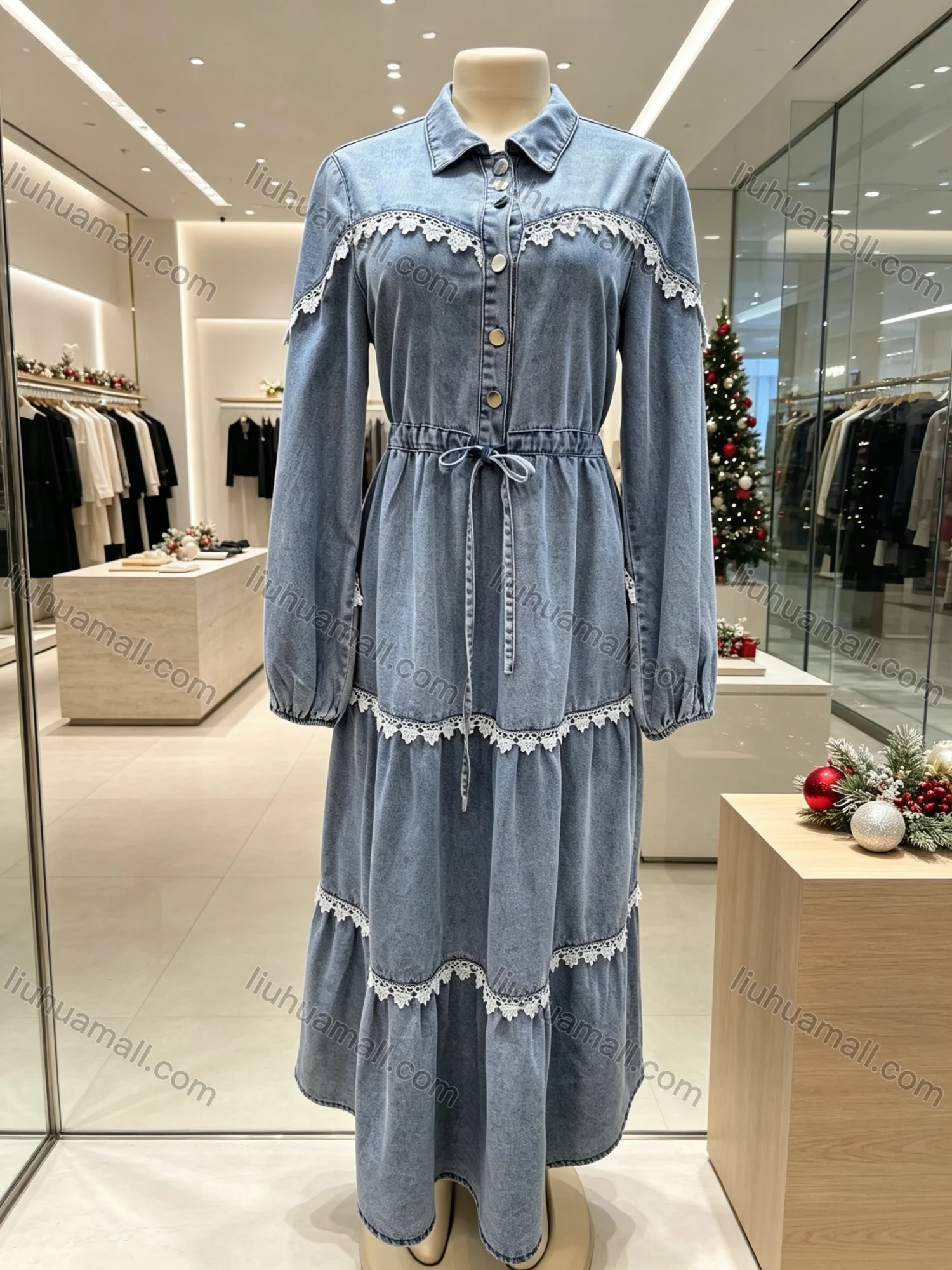Wholesale Women's Vintage Lace Trim Tiered Drawstring Waist Puff Sleeve Denim Maxi Dress #MC-16 - Liuhuamall