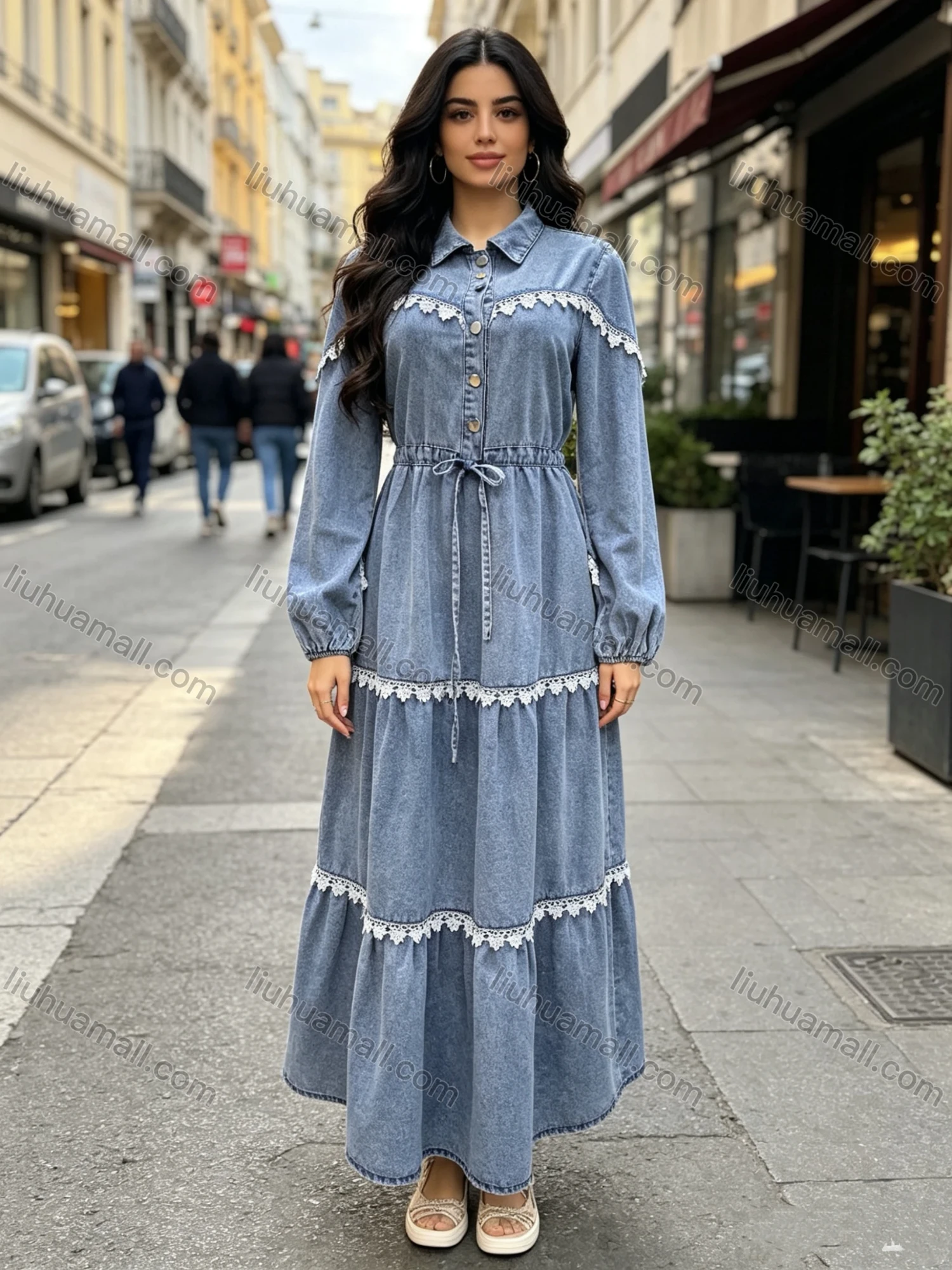 Wholesale Women's Vintage Lace Trim Tiered Drawstring Waist Puff Sleeve Denim Maxi Dress #MC-16 - Liuhuamall