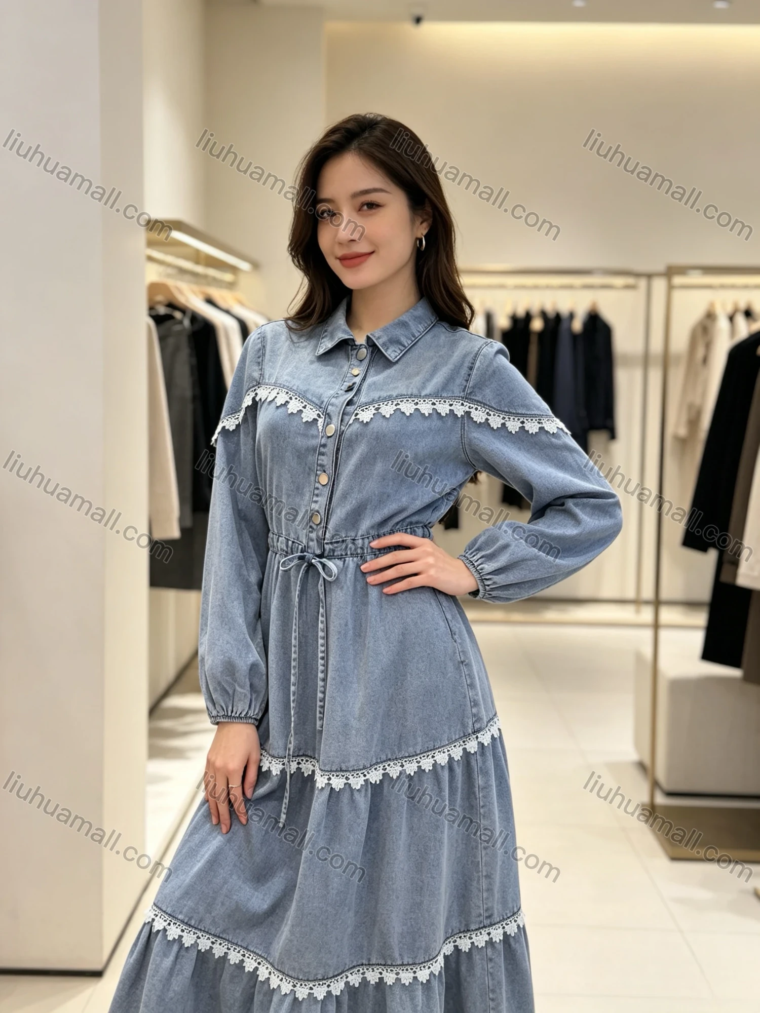 Wholesale Women's Vintage Lace Trim Tiered Drawstring Waist Puff Sleeve Denim Maxi Dress #MC-16 - Liuhuamall
