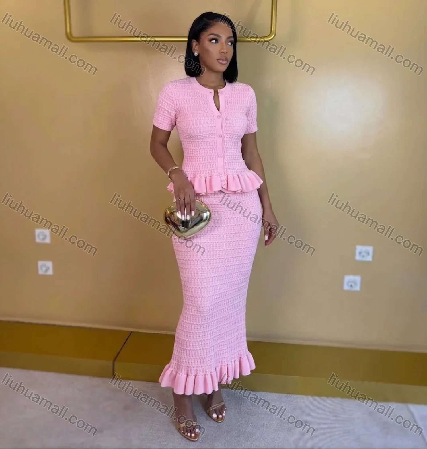 Wholesale Women's Elegant Ruffle Hem Textured Knit Short Sleeve Peplum Top and Maxi Skirt Set #7877 - Liuhuamall