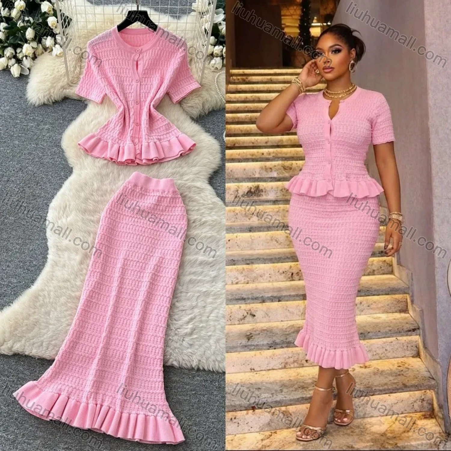 Wholesale Women's Elegant Ruffle Hem Textured Knit Short Sleeve Peplum Top and Maxi Skirt Set #7877 - Liuhuamall