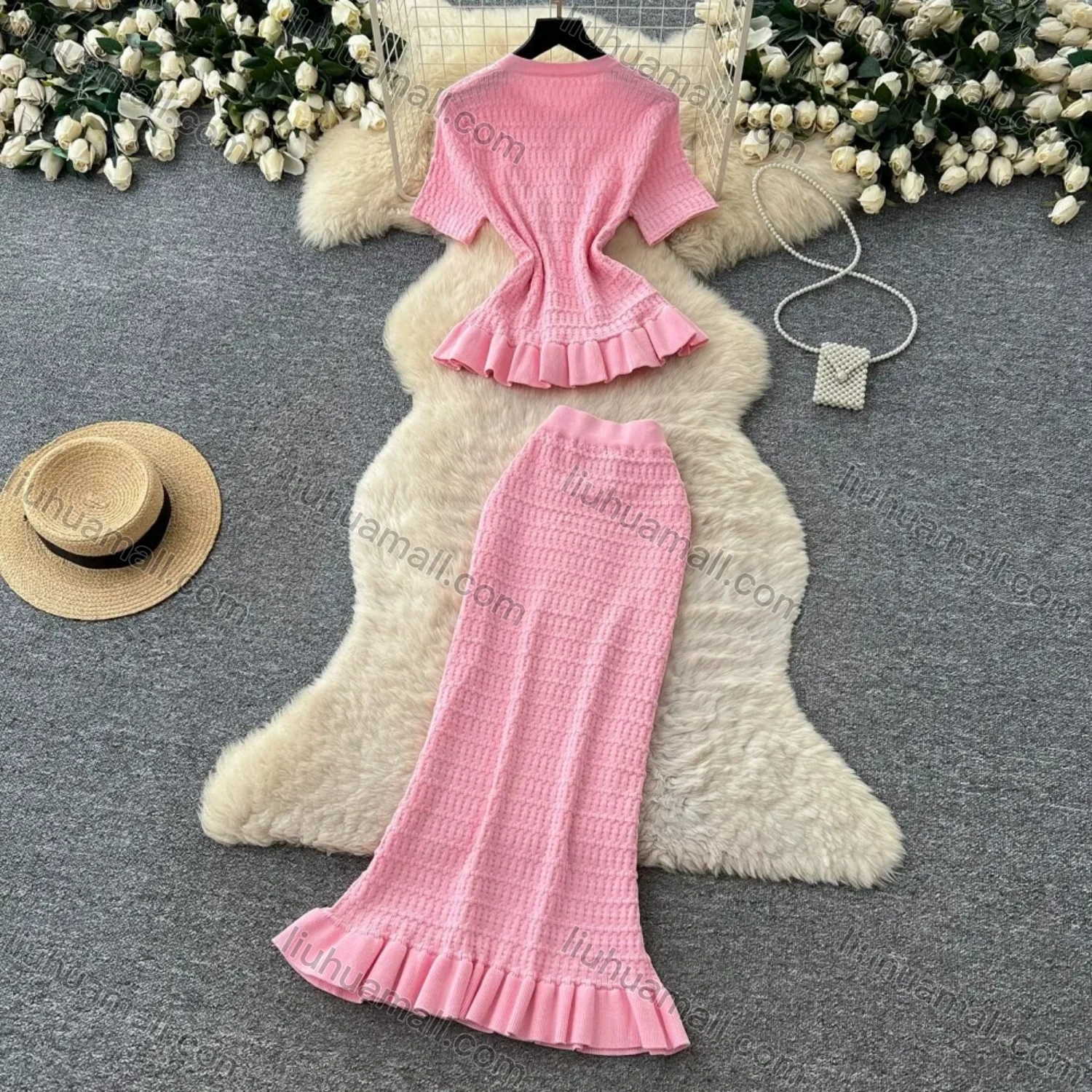 Wholesale Women's Elegant Ruffle Hem Textured Knit Short Sleeve Peplum Top and Maxi Skirt Set #7877 - Liuhuamall