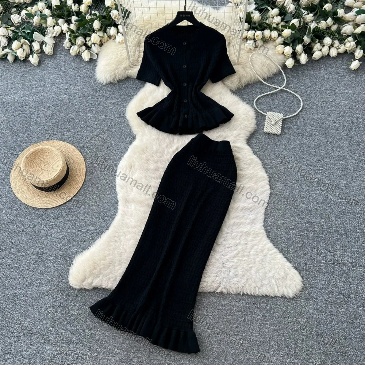 Wholesale Women's Elegant Ruffle Hem Textured Knit Short Sleeve Peplum Top and Maxi Skirt Set #7877 - Liuhuamall