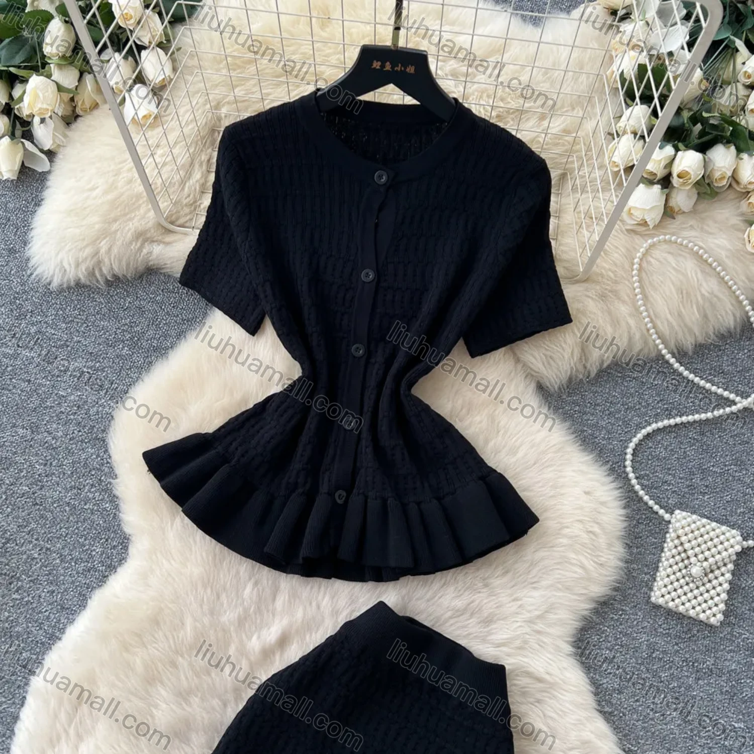 Wholesale Women's Elegant Ruffle Hem Textured Knit Short Sleeve Peplum Top and Maxi Skirt Set #7877 - Liuhuamall