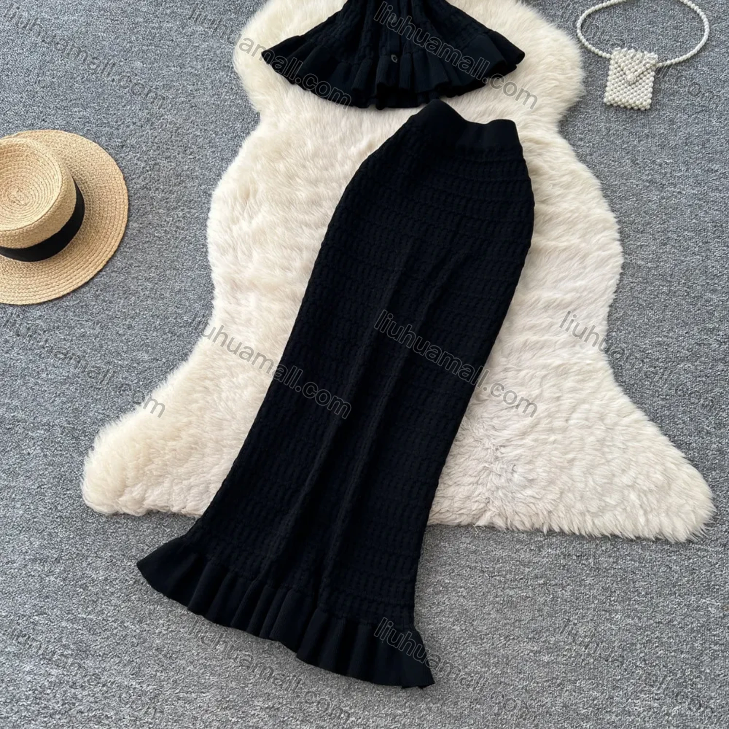 Wholesale Women's Elegant Ruffle Hem Textured Knit Short Sleeve Peplum Top and Maxi Skirt Set #7877 - Liuhuamall