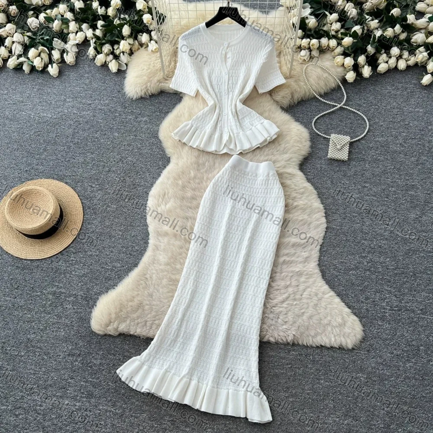 Wholesale Women's Elegant Ruffle Hem Textured Knit Short Sleeve Peplum Top and Maxi Skirt Set #7877 - Liuhuamall