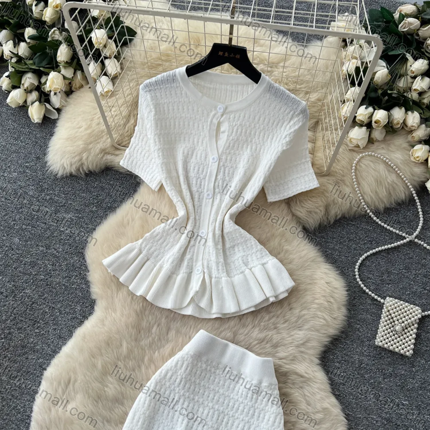 Wholesale Women's Elegant Ruffle Hem Textured Knit Short Sleeve Peplum Top and Maxi Skirt Set #7877 - Liuhuamall