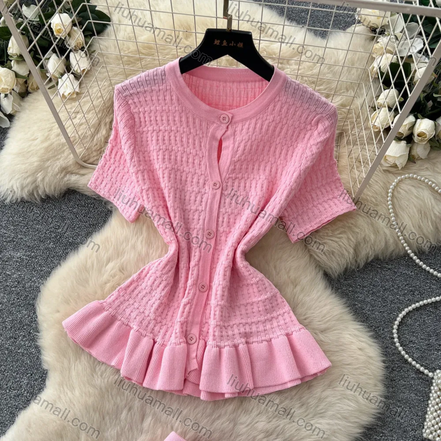 Wholesale Women's Elegant Ruffle Hem Textured Knit Short Sleeve Peplum Top and Maxi Skirt Set #7877 - Liuhuamall