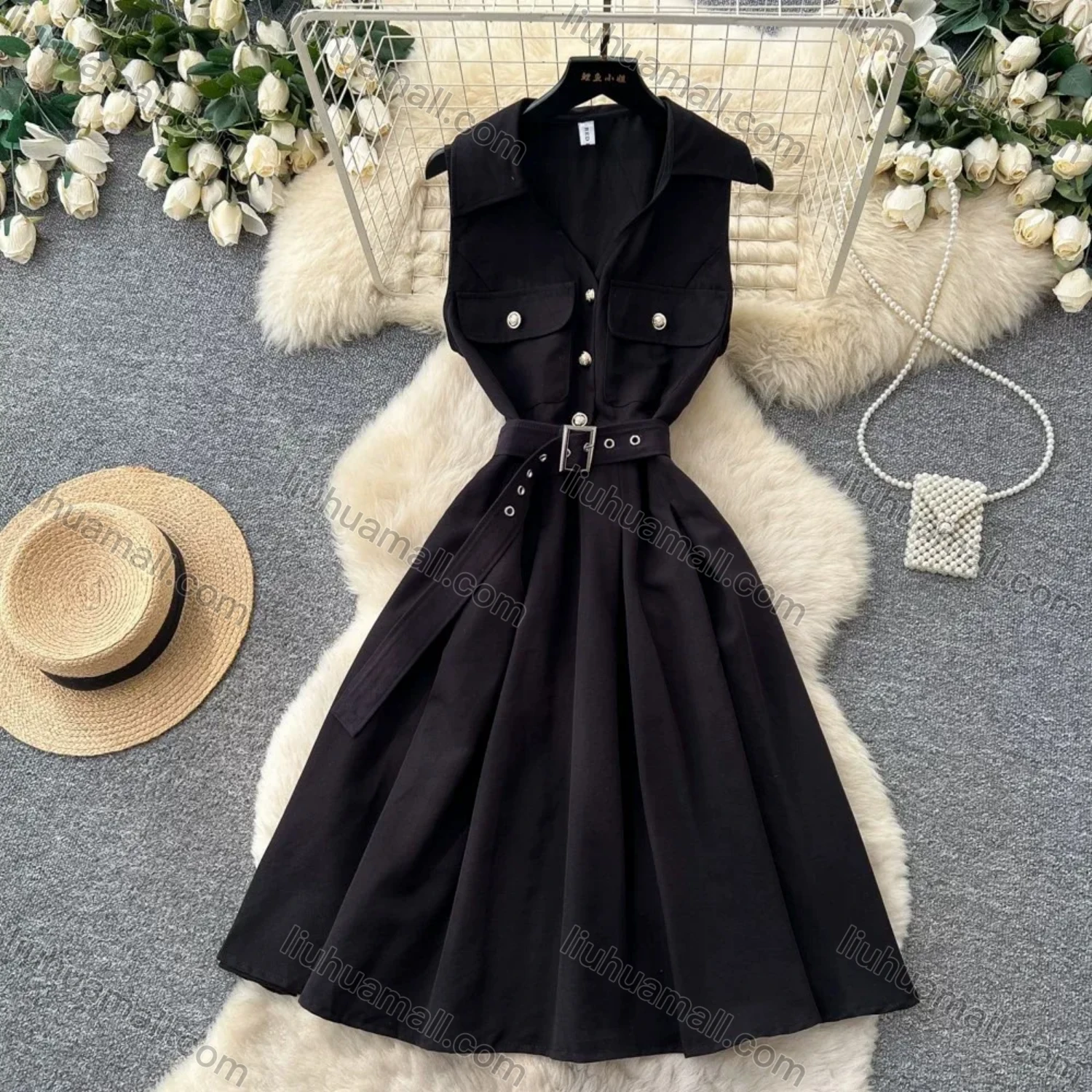 Wholesale Women's Casual Sleeveless Lapel Collar Button Front Belted Pleated A-Line Midi Dress #3256 - Liuhuamall