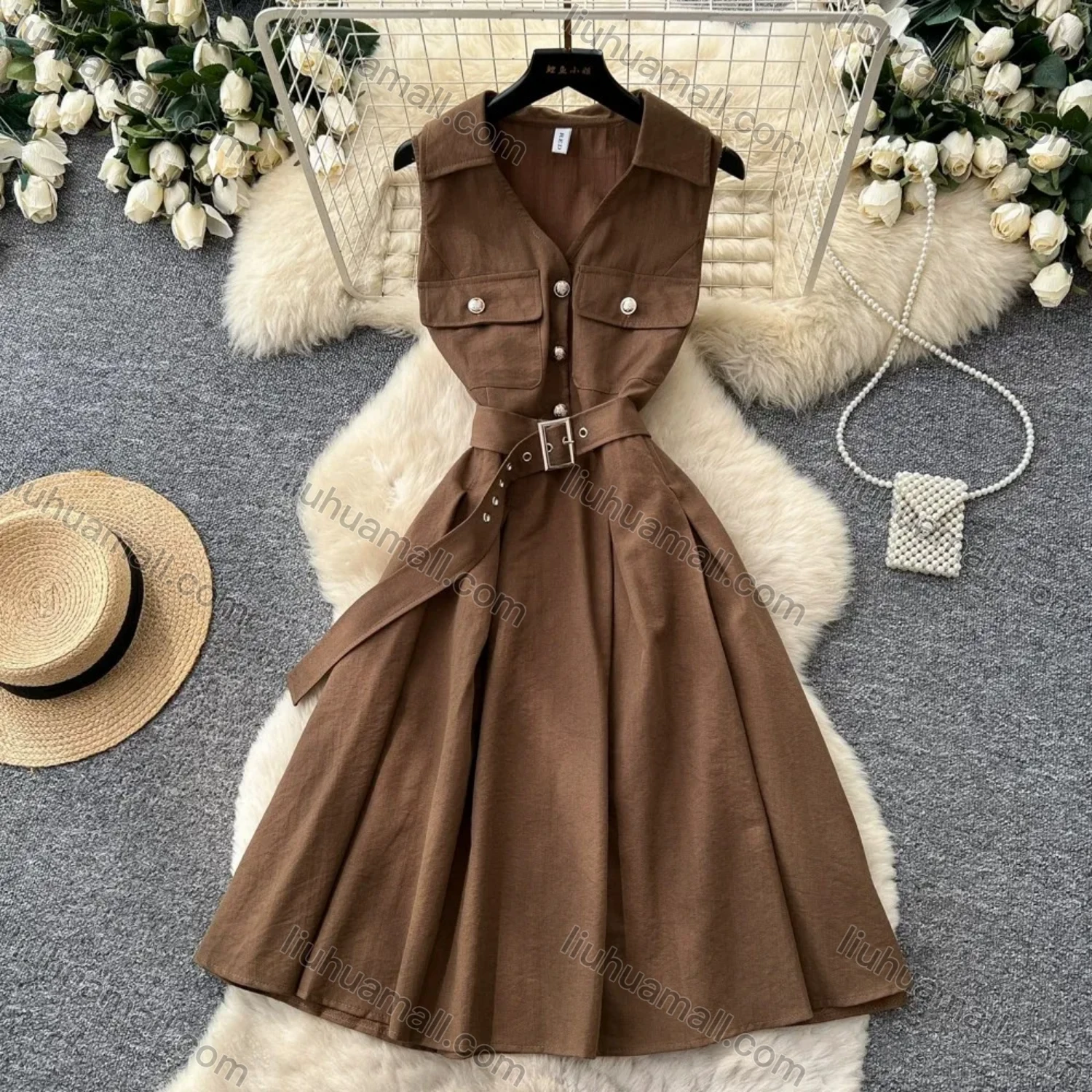 Wholesale Women's Casual Sleeveless Lapel Collar Button Front Belted Pleated A-Line Midi Dress #3256 - Liuhuamall