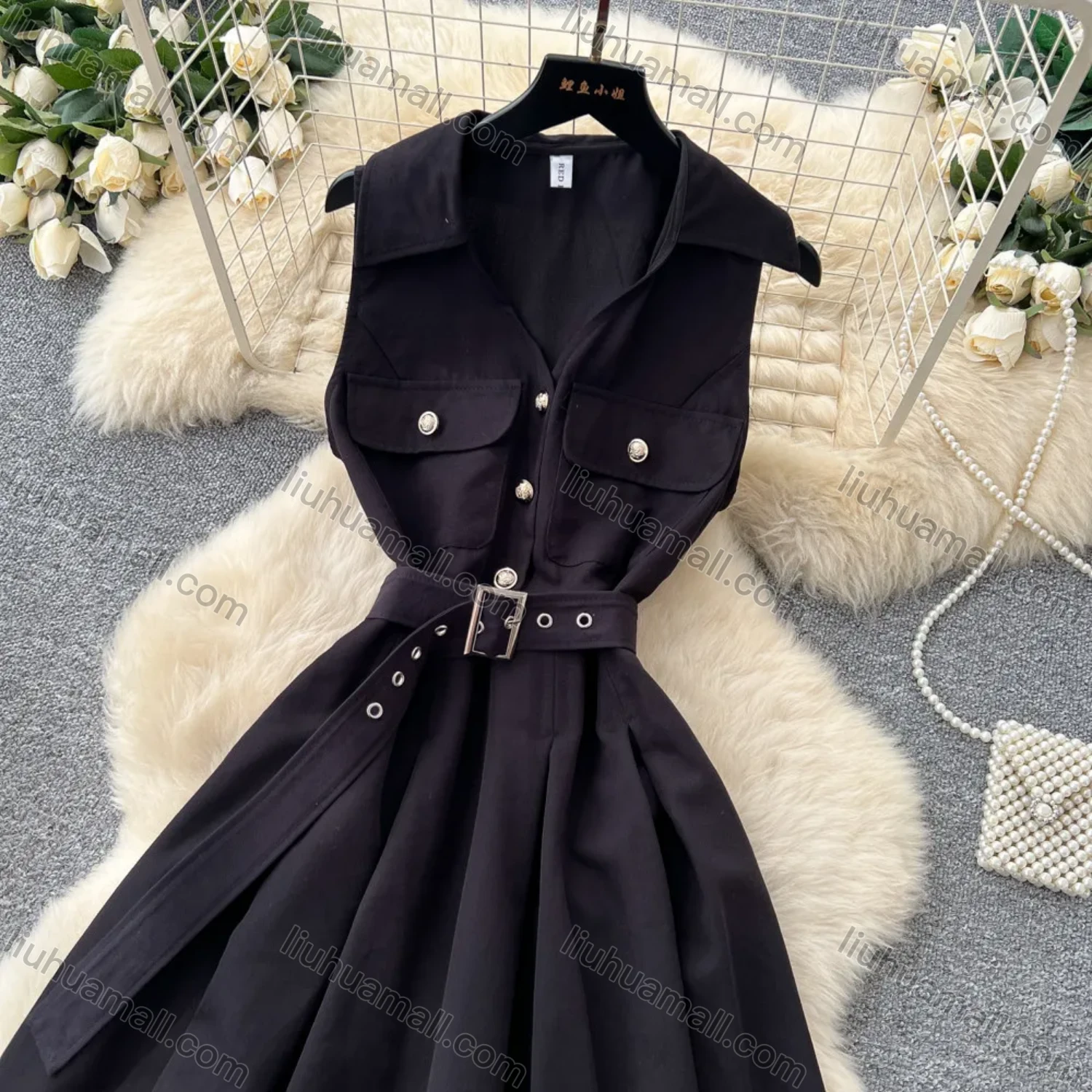 Wholesale Women's Casual Sleeveless Lapel Collar Button Front Belted Pleated A-Line Midi Dress #3256 - Liuhuamall