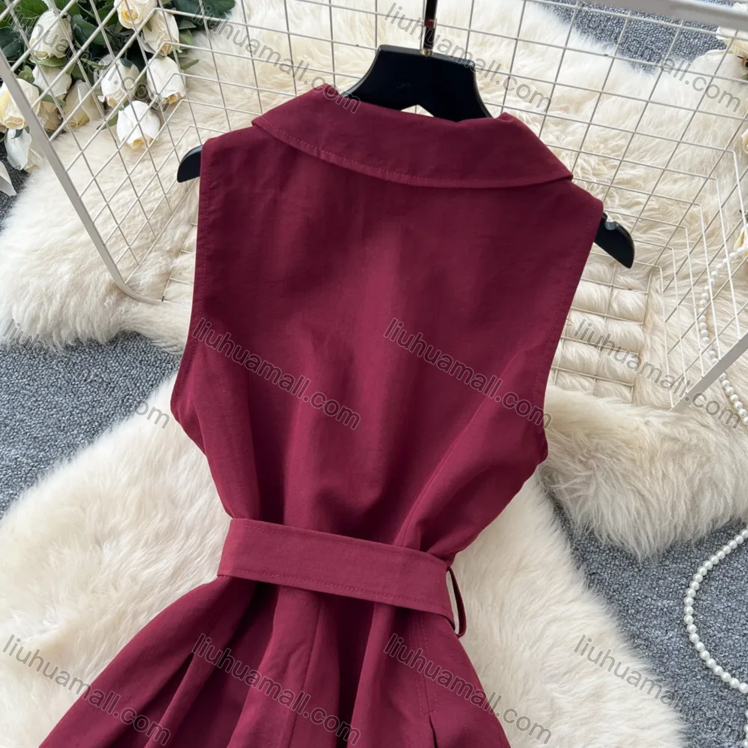 Wholesale Women's Casual Sleeveless Lapel Collar Button Front Belted Pleated A-Line Midi Dress #3256 - Liuhuamall