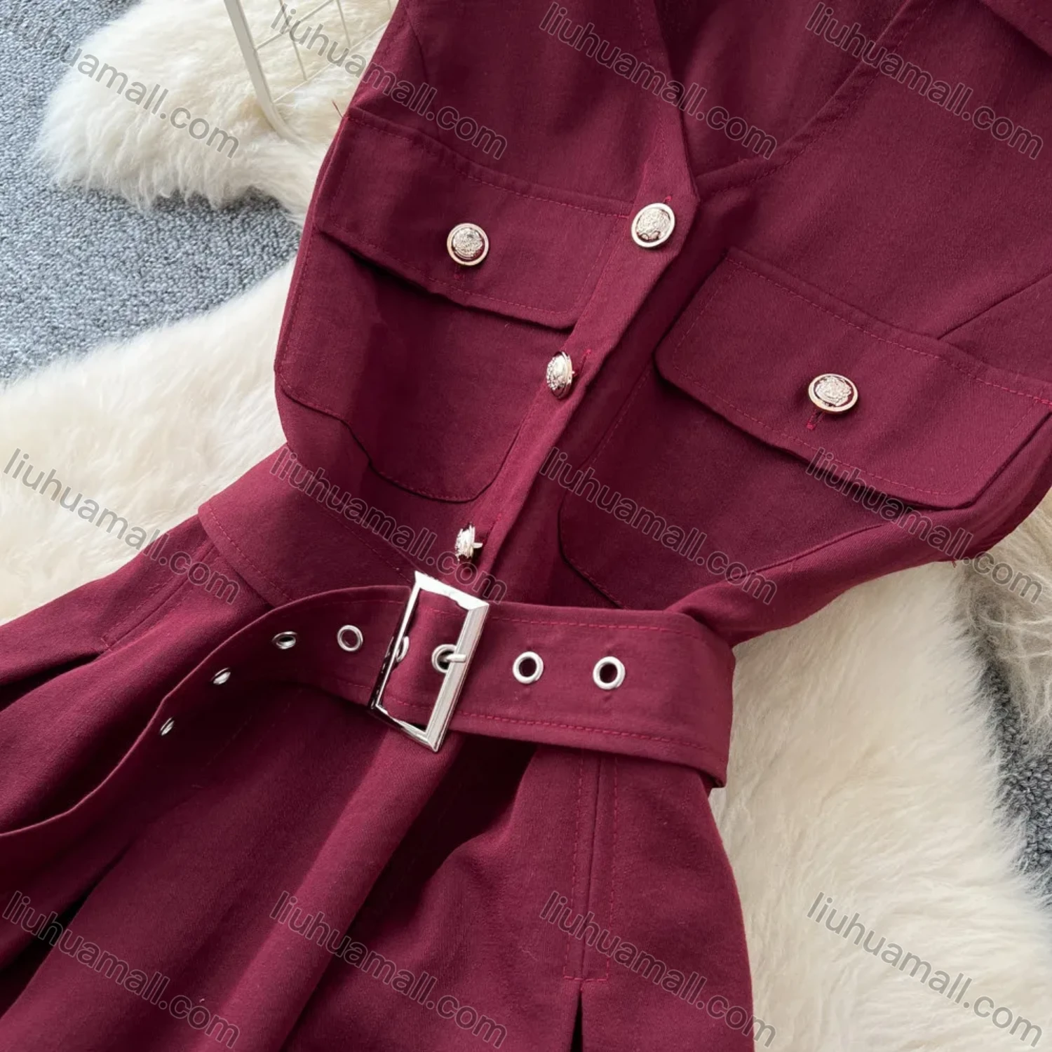 Wholesale Women's Casual Sleeveless Lapel Collar Button Front Belted Pleated A-Line Midi Dress #3256 - Liuhuamall