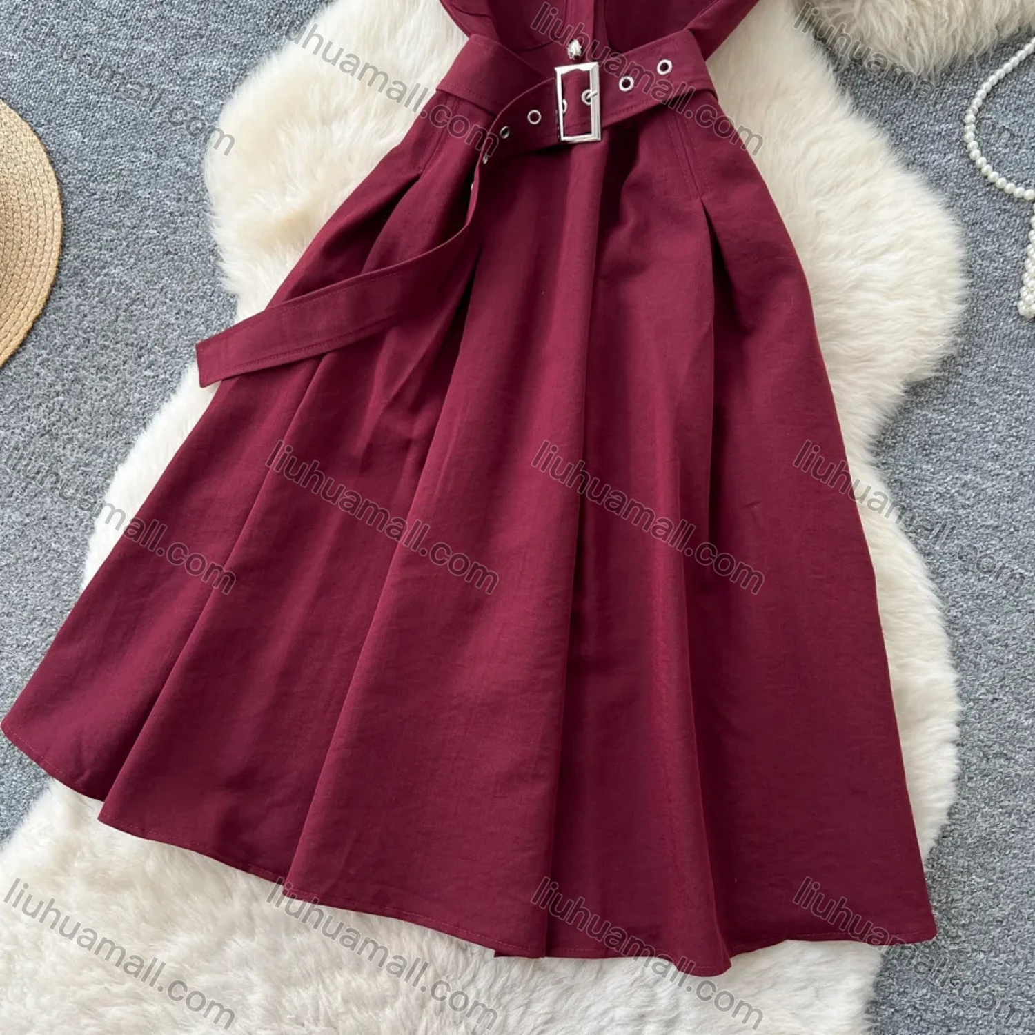 Wholesale Women's Casual Sleeveless Lapel Collar Button Front Belted Pleated A-Line Midi Dress #3256 - Liuhuamall