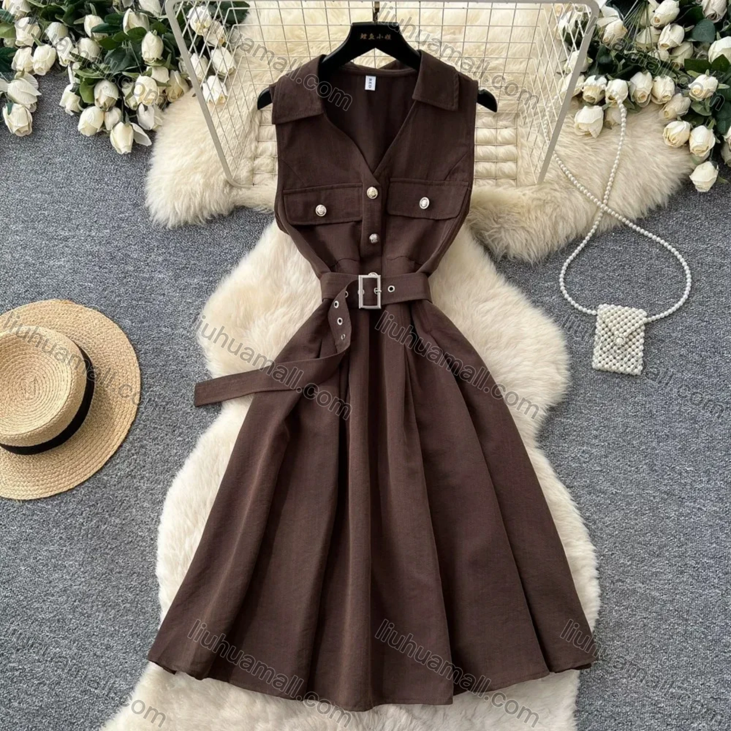 Wholesale Women's Casual Sleeveless Lapel Collar Button Front Belted Pleated A-Line Midi Dress #3256 - Liuhuamall