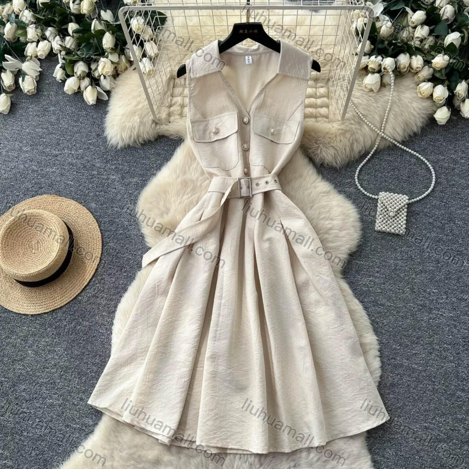 Wholesale Women's Casual Sleeveless Lapel Collar Button Front Belted Pleated A-Line Midi Dress #3256 - Liuhuamall