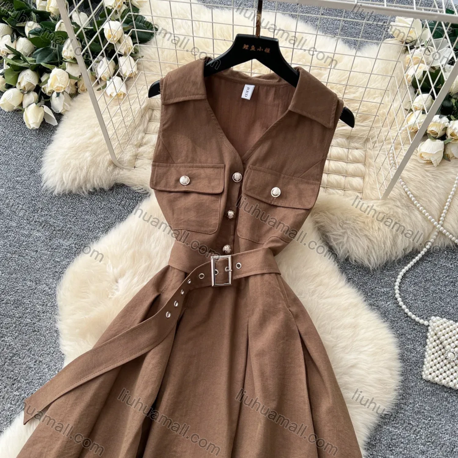 Wholesale Women's Casual Sleeveless Lapel Collar Button Front Belted Pleated A-Line Midi Dress #3256 - Liuhuamall