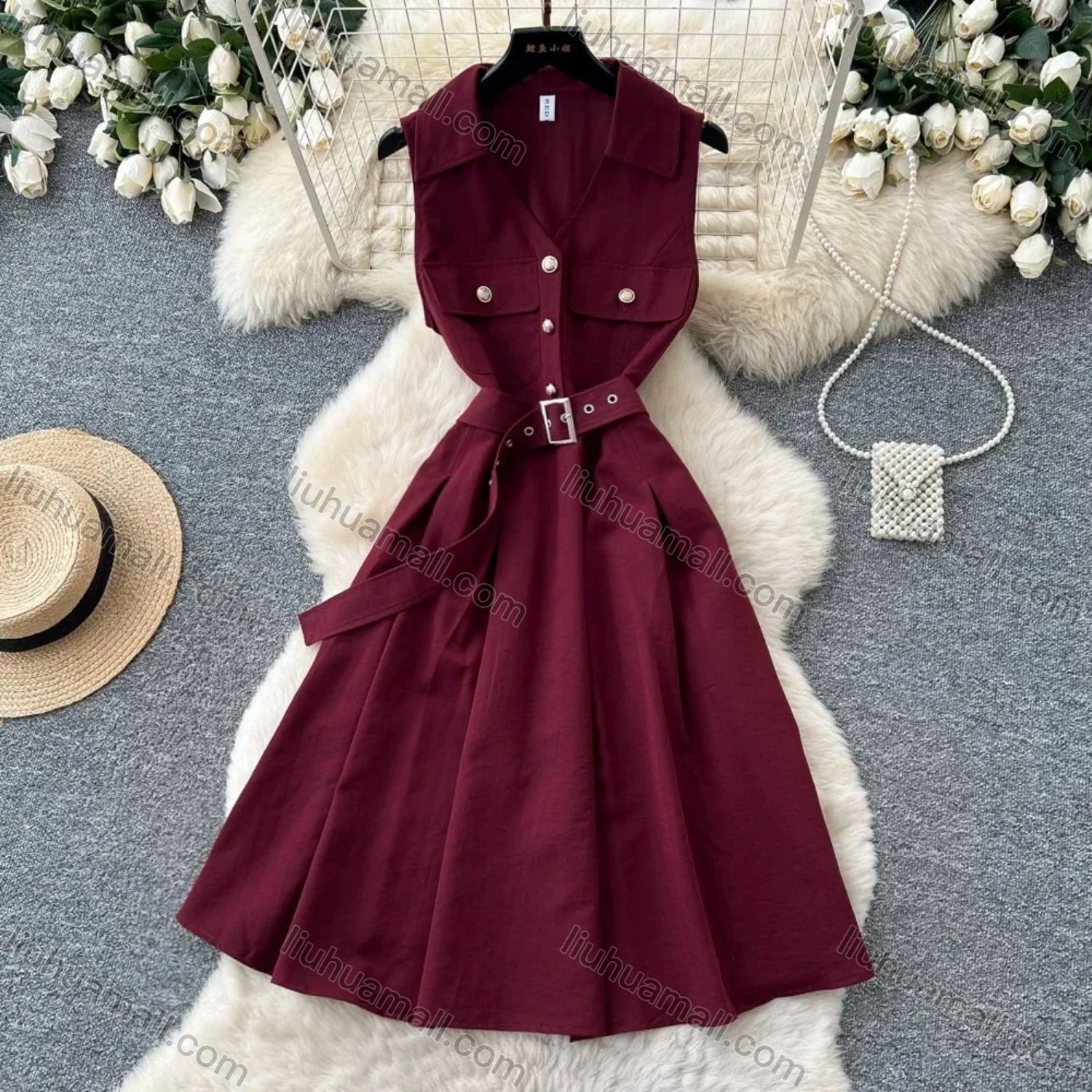 Wholesale Women's Casual Sleeveless Lapel Collar Button Front Belted Pleated A-Line Midi Dress #3256 - Liuhuamall