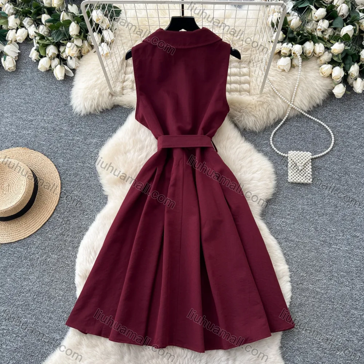 Wholesale Women's Casual Sleeveless Lapel Collar Button Front Belted Pleated A-Line Midi Dress #3256 - Liuhuamall