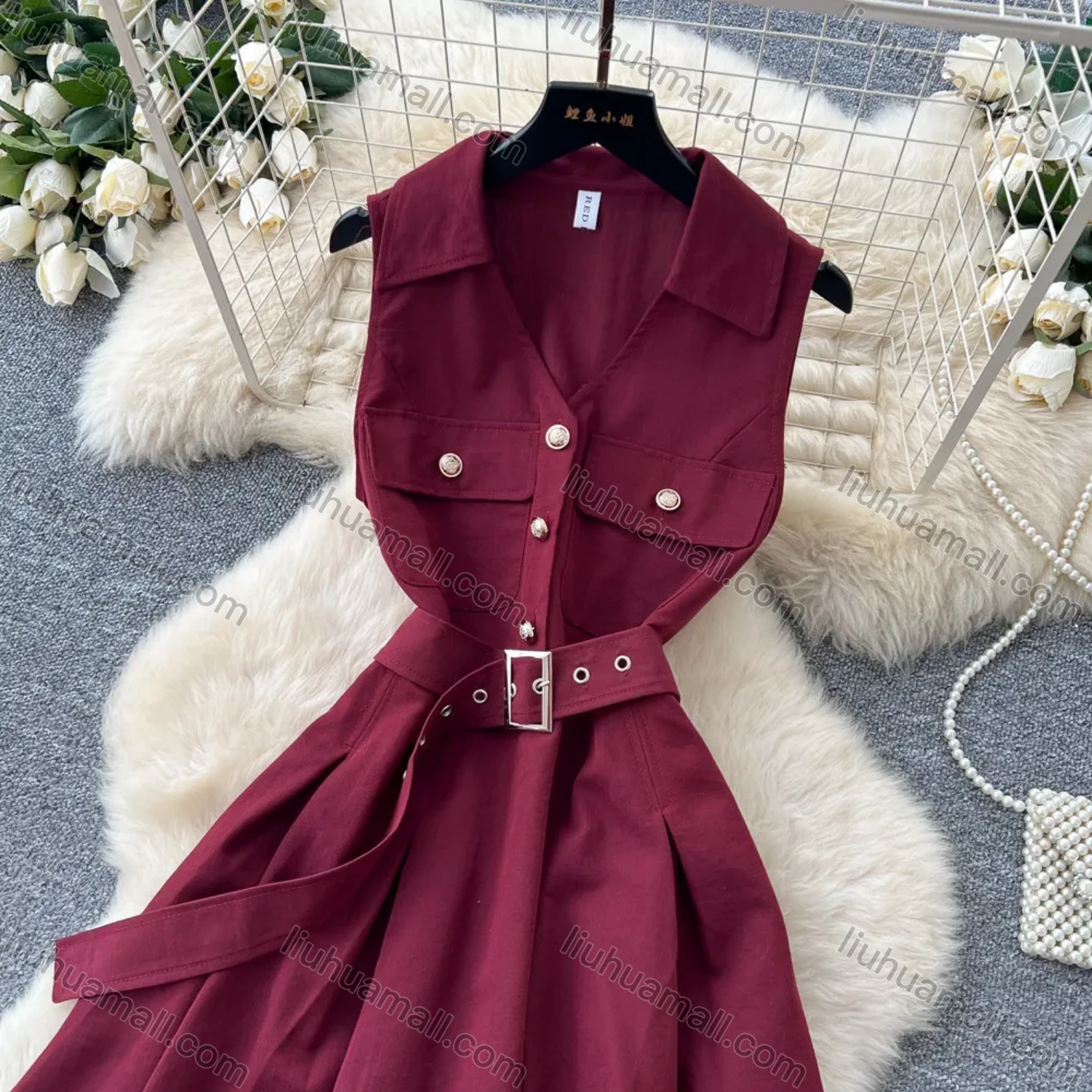 Wholesale Women's Casual Sleeveless Lapel Collar Button Front Belted Pleated A-Line Midi Dress #3256 - Liuhuamall